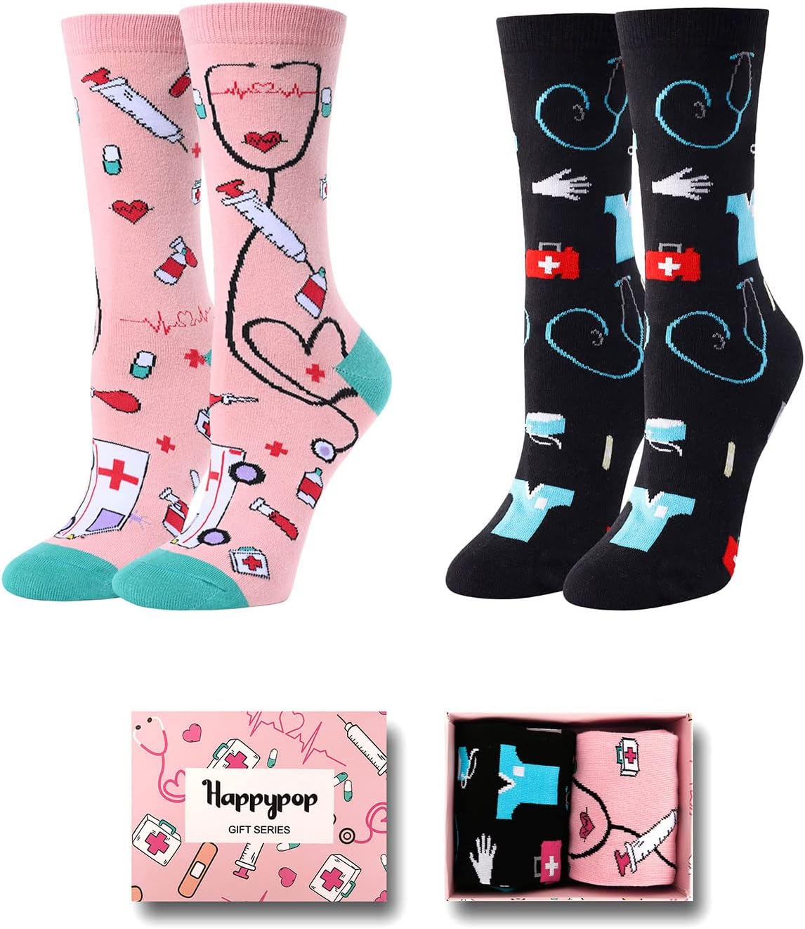 HAPPYPOPWomen's Novelty Medical Crew Socks Funny Nurse Meds Cotton Socks 2 Pack with Gift Box