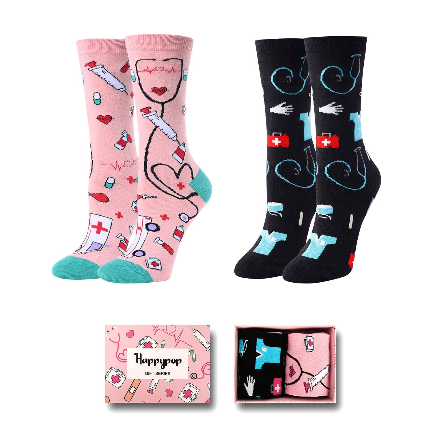HAPPYPOPWomen's Novelty Medical Crew Socks Funny Nurse Meds Cotton Socks 2 Pack with Gift Box