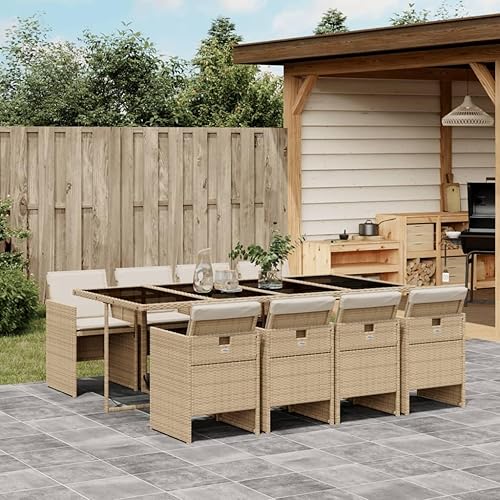 9-Piece Patio Dining Set with Cushions Beige Poly Rattan Outdoor Furniture Set for Backyard Garden Balcony Porch Tempered Glass Table & Foldable