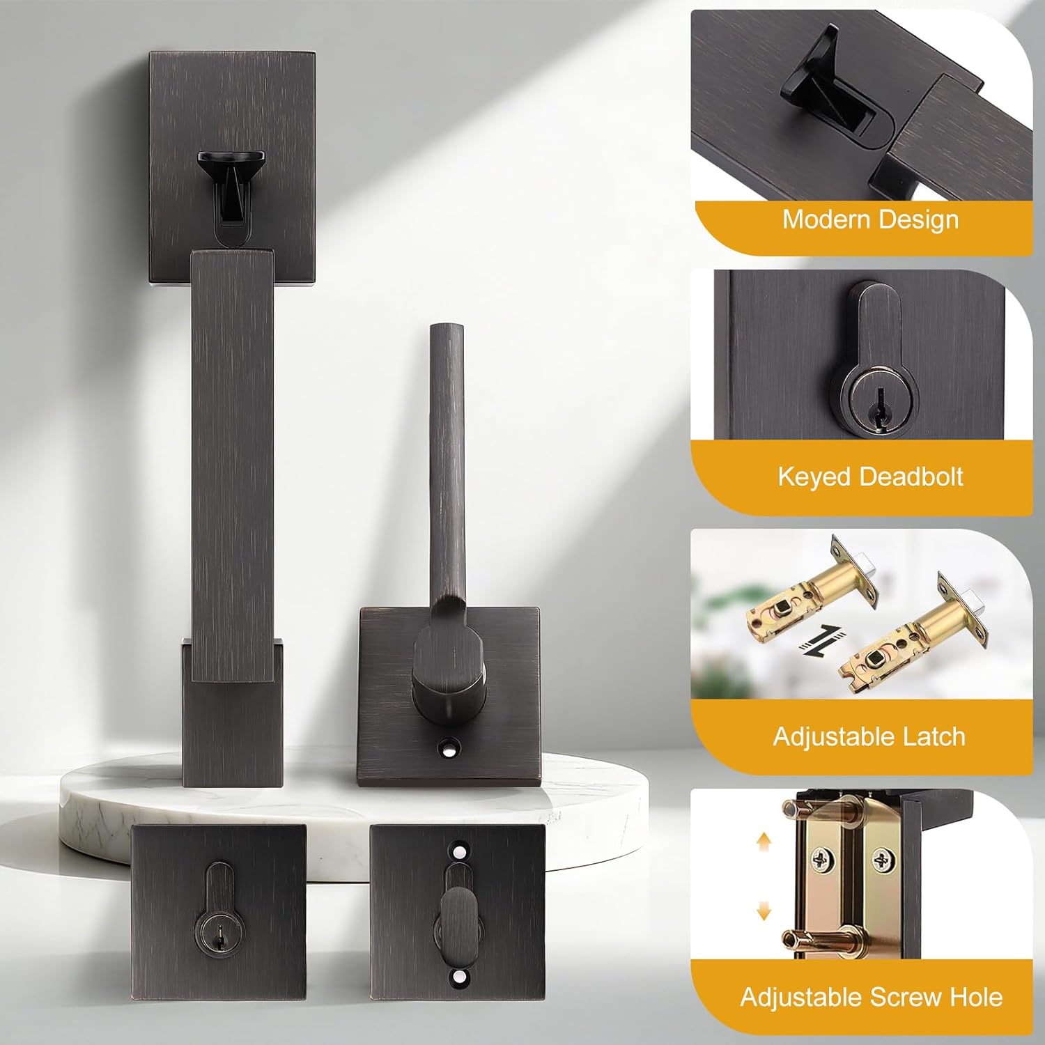 Probrico Front Door Handleset, Heavy Duty Exterior Door Lock with Deadbolt, Single Cylinder Deadbolt with Handle, Right or Left Handed, Oil Rubbed Bronze, 1 Set