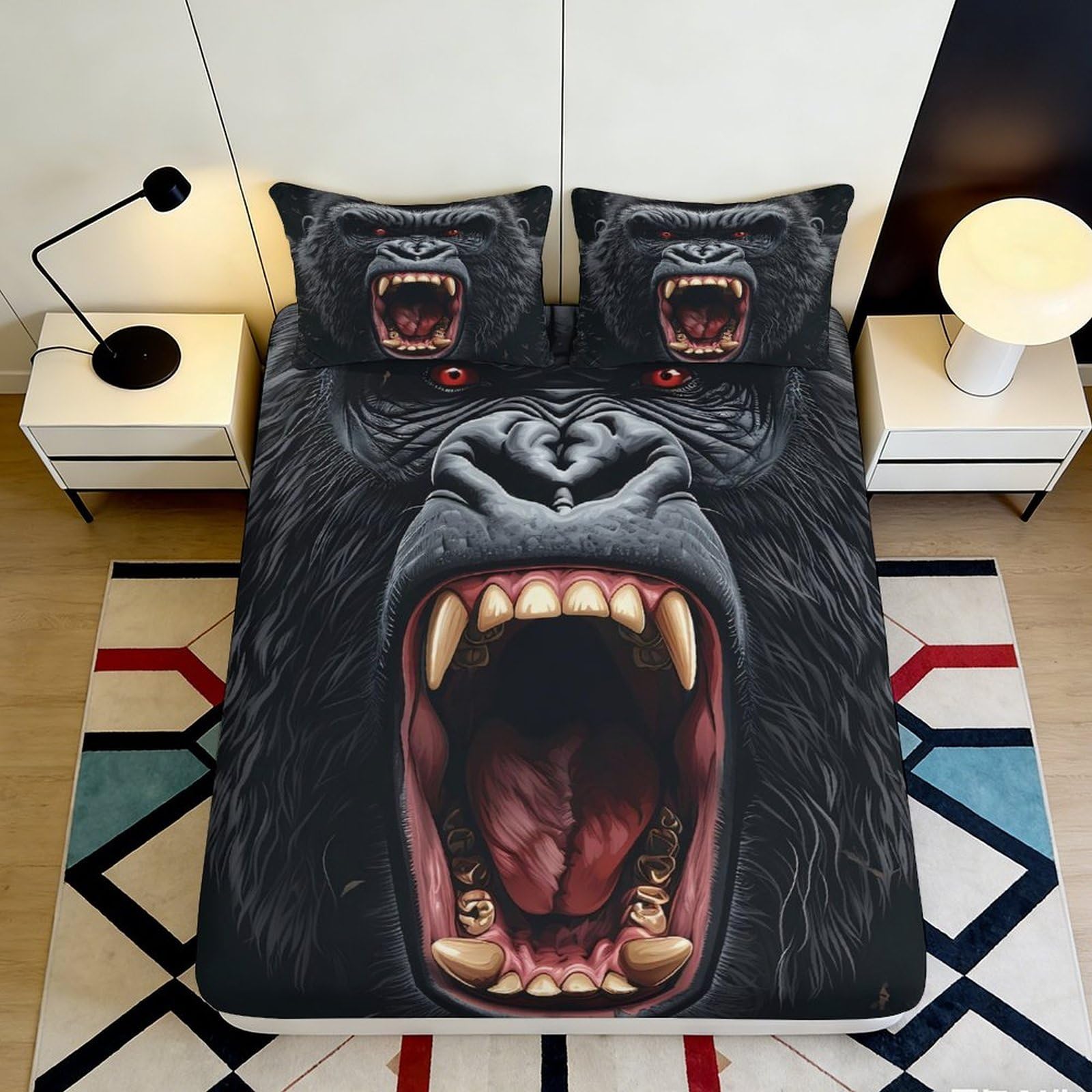 3D Printed Fierce Gorilla Fitted Sheet Microfiber Soft Black Animal King Mattress Cover for Bedroom Dorm Decor 120x200x25cm
