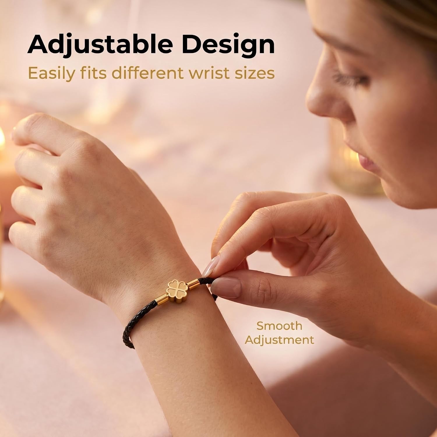Good Luck Clover Braided Leather Bracelet for Women, Exquisite 14K Gold-Plated Charm, Lightweight Non-Adjustable Design, Perfect for Daily Wear, Commute, Dating & Valentine’s Day Gift