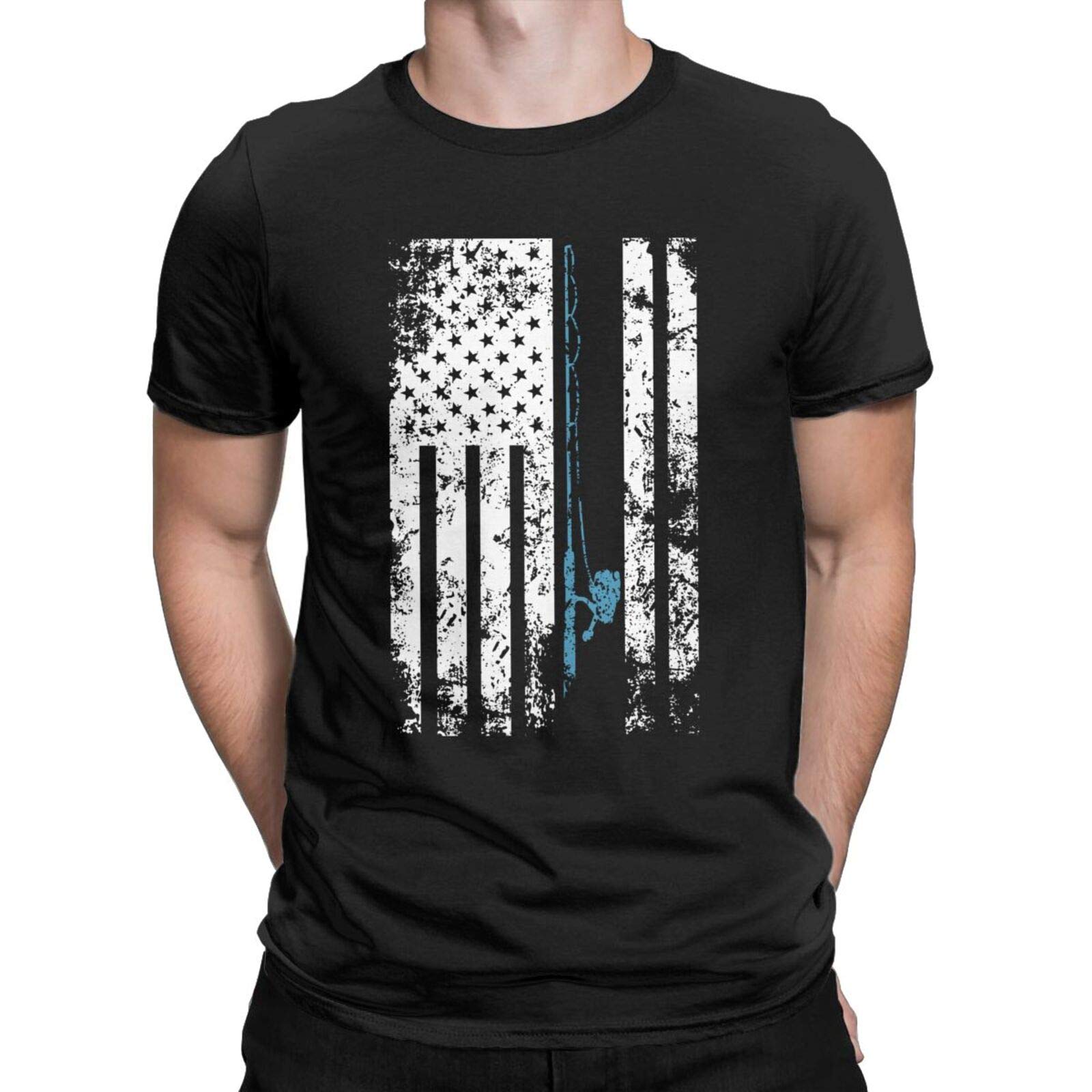 American Flag Fishing Rod Fish Pole Funny Graphic T-Shirt Fisherman Outdoorsman Patriotic Tees Tops for Men