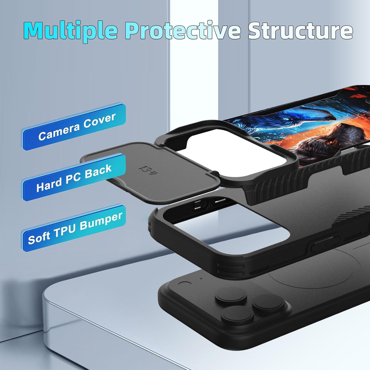 for iPhone 17 Pro Max Case Built in Slide Camera Lens Cover,Heavy Duty Shockproof Protection Dual Layer Case for iPhone 17 Pro Max 6.9'' 2025,Cool Wolf image 4