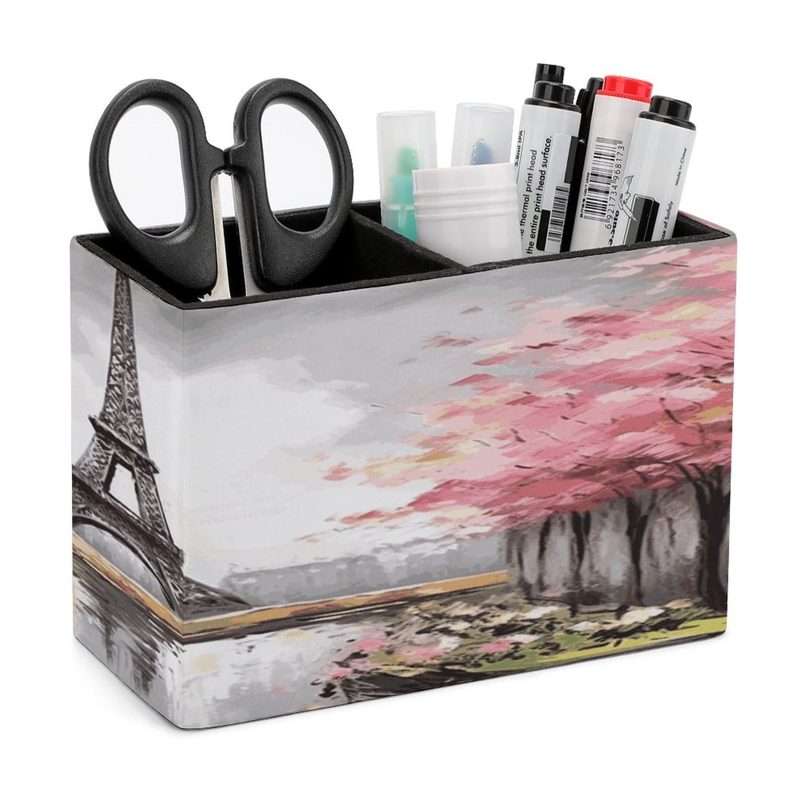 LZQPOEAS Paris Eiffel Tower Leather Pen Holder with 2 Compartments Luxury Pencil Holder Minimalist Pencil Cup Brush Scissor Holders Elegant Pen Cup for Office Home Desk Accessories
