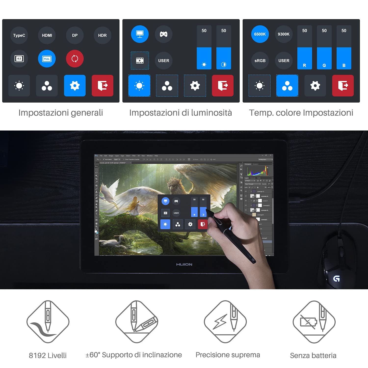 HUION Kamvas Pro 16 4K Tavoletta Grafica con Schermo, 15,6 Pollici Tavoletta Grafica Completamente Laminata Antiriflesso, Funzione di Inclinazione 8192 Stilo Senza Batteria PW517 per PC, Mac, Android