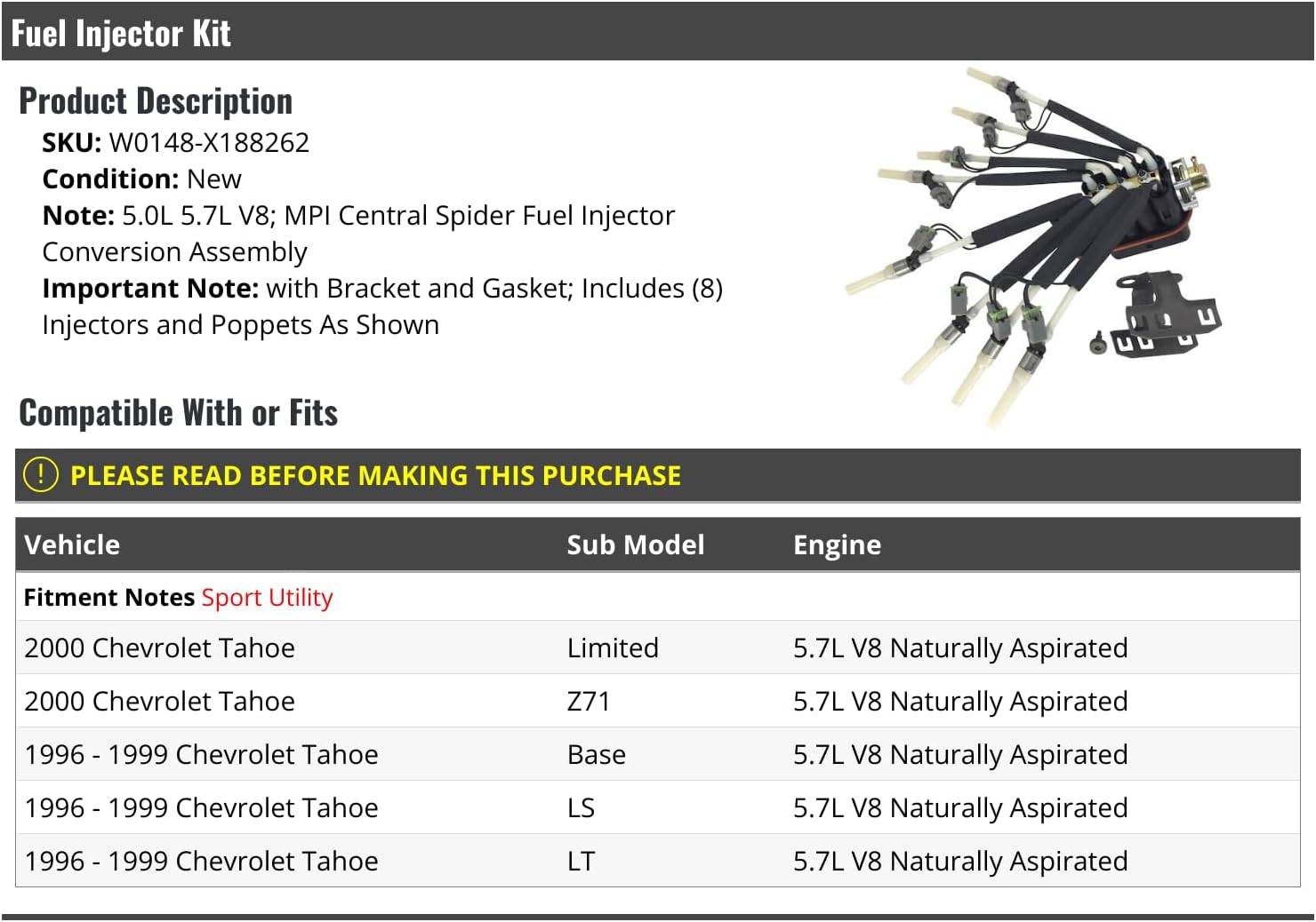 MPI Central Spider Fuel Injector Conversion Assembly Kit - 8-Piece - with Bracket and Gasket - Compatible with 1996-2000 Chevy Tahoe 5.7L V8 Naturally Aspirated