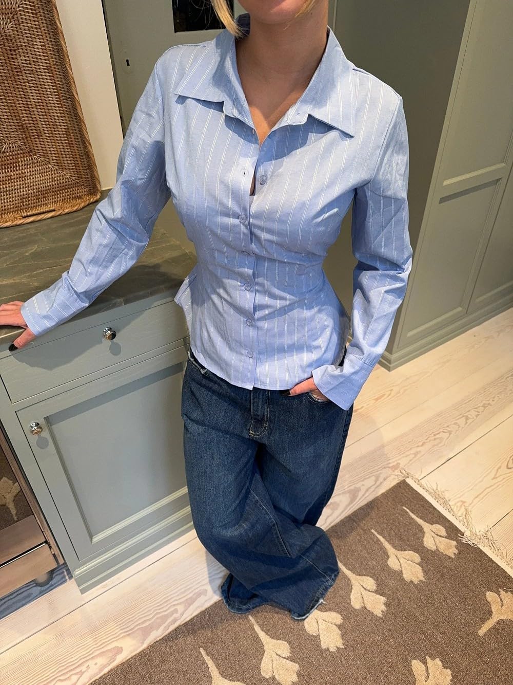 Women Y2K Fitted Button Down Shirt Striped Long Sleeve Coquette Shirt V Neck Vintage Aesthetic Preppy Blouse Top - Image 5