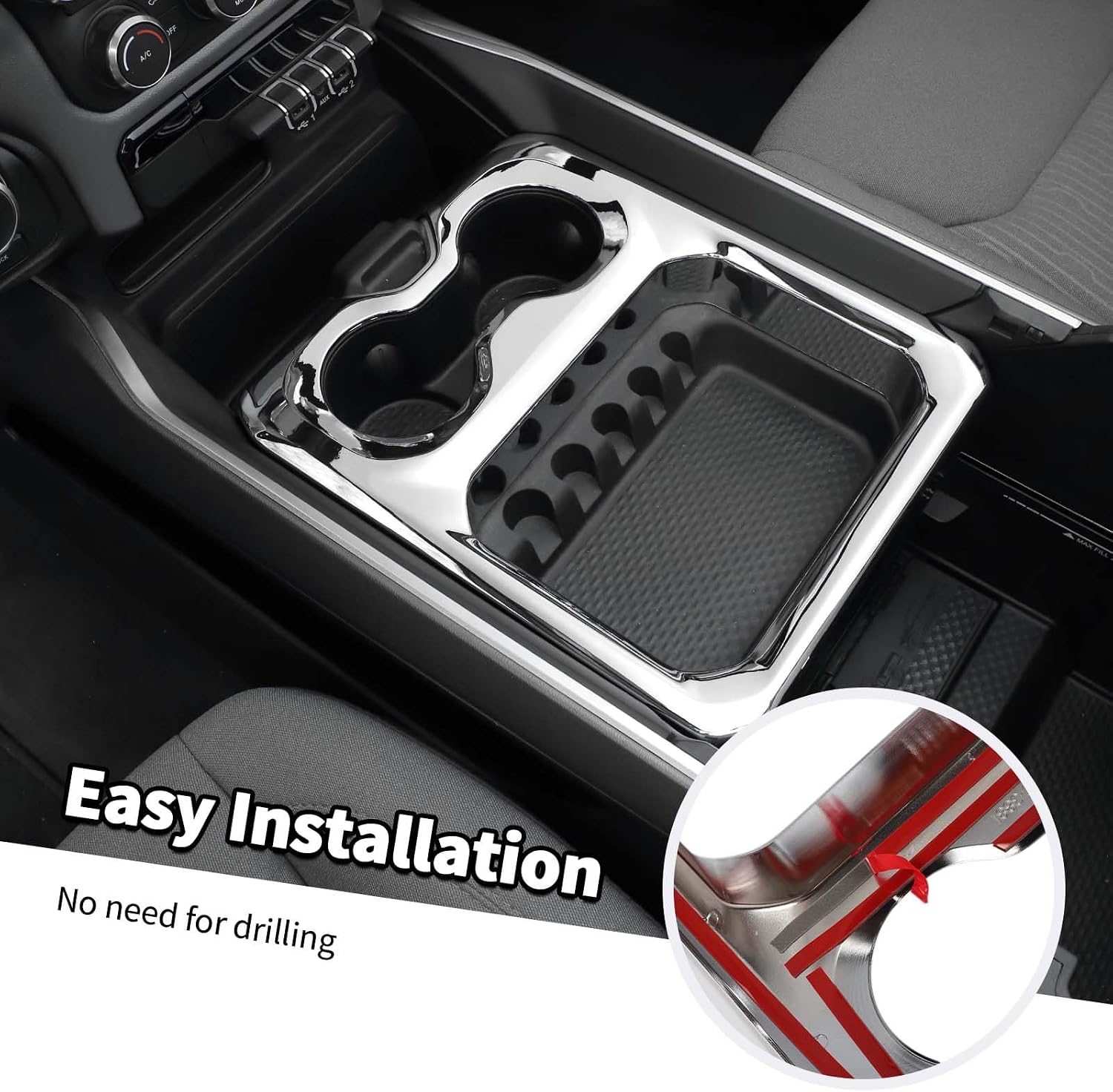Jimen Compatible with Dodge Ram 2018-2025, Middle Console Front Cup Holder Panel Cover Interior Trim Accessories (Chrome)