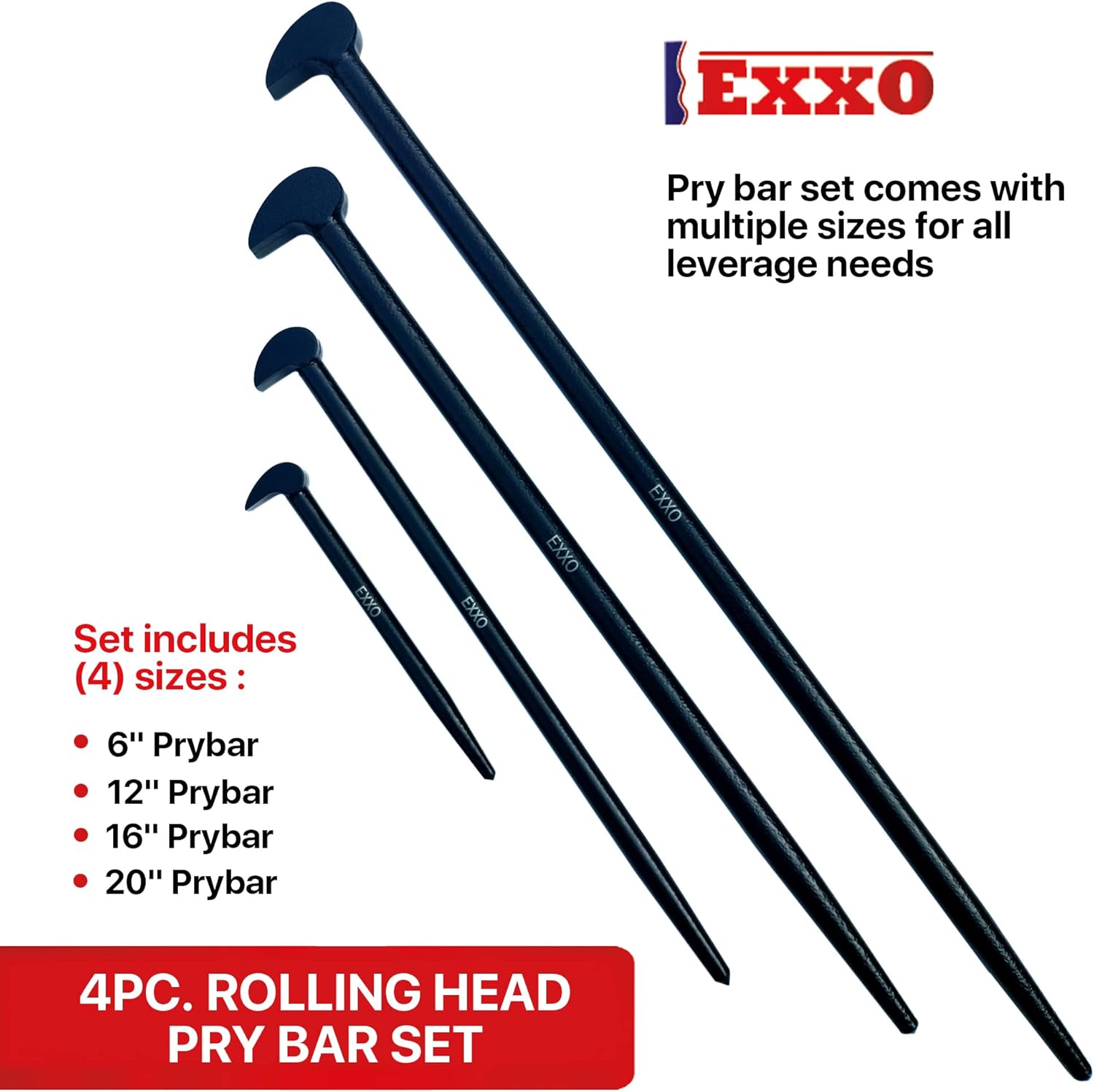 EXXO Tools - Heavy Duty 4-Piece Pry Bar Set- Durable Alloy Steel Industrial Strength for Automotive Mechanics, Craftsman, Machinery Technicians - Extra Long - Includes 6, 12, 16, 20 Inch Lady's Foot