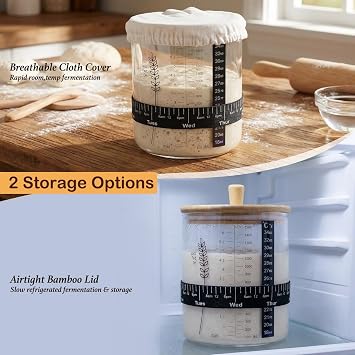 Premium Sourdough Starter Jar Kit, 50oz Large Wide Mouth Glass Jar, 2 Pack | Weck Jar with Bamboo Lid, Cloth Cover, Date Tracker, Thermometer, Silicone Non-Slip Mat & Scraper, Bread Baking Supplies