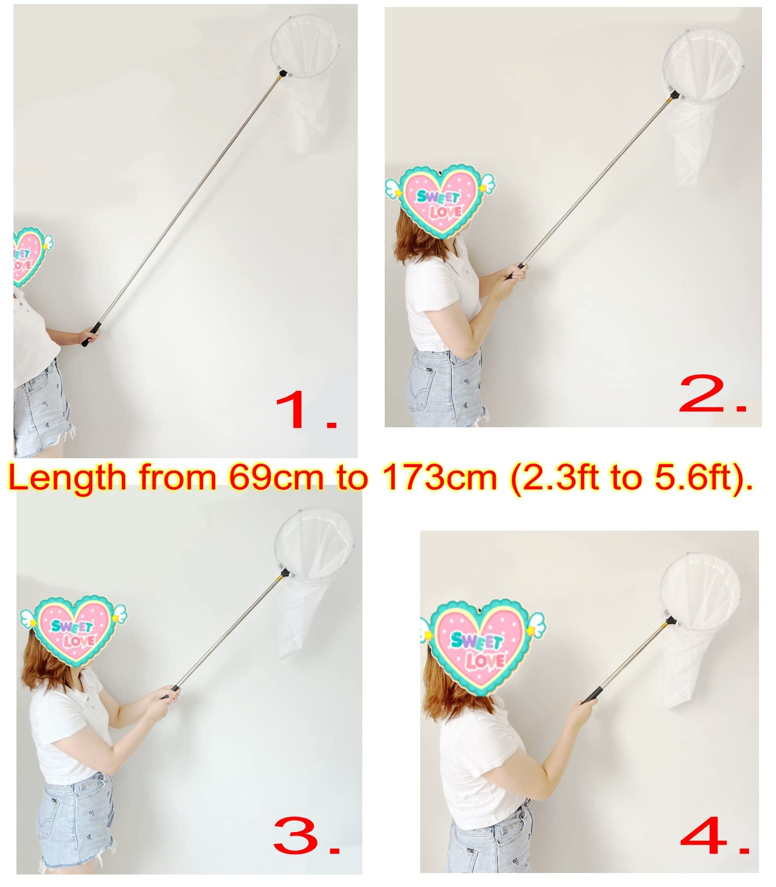 JZK 150cm Long Manche Filet de pêche Extensible pour Enfants avec Manche télescopique pour étang et Piscine Roche, Filet Receveur pour Insecte, Filet crabes, Filet Papillons, epuisette Enfant
