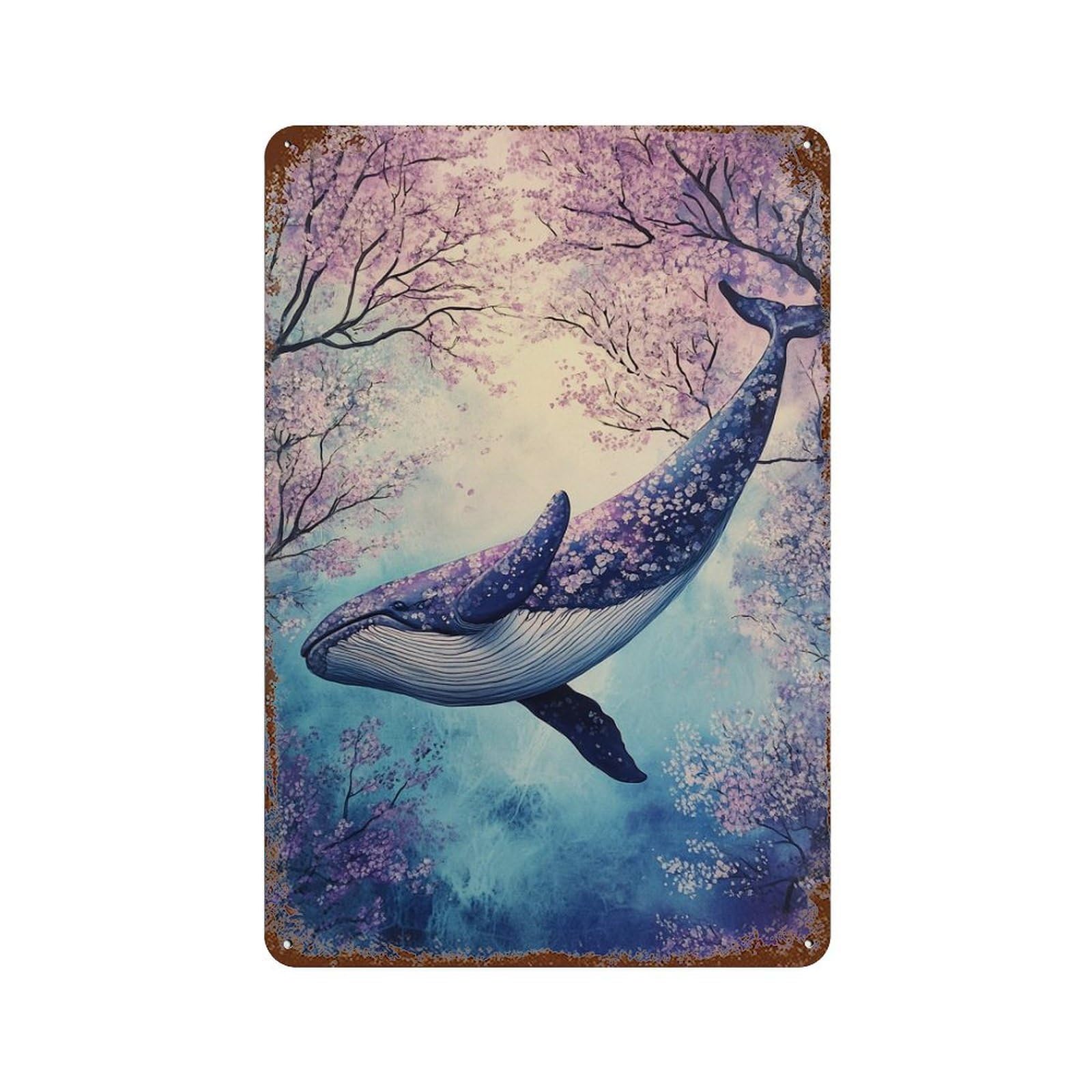 Whale in Cherry Blossom Sky-4 Aged Metal Wall Plaque 11.8"x7.9", for Office, Studio And Wall Decor, Novelty Wall Decor