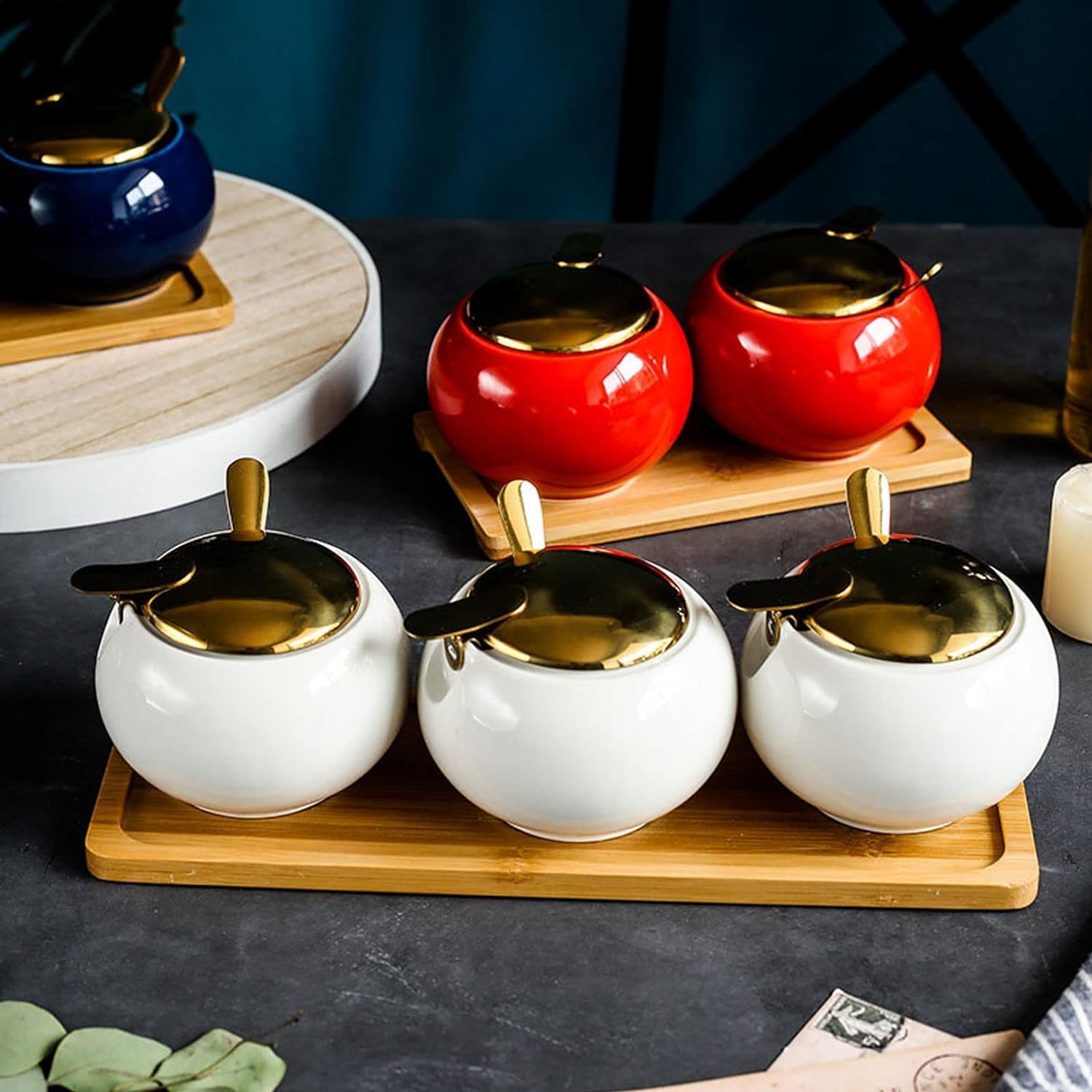 Sugar bowlColorful Sugar Bowl with Golden Lid 10x8cm Sugar Container Spice Jar Sugar Salt Pot Seasoning Canister Sugar Storage Jar-Red-350ml 12.3oz,Gold