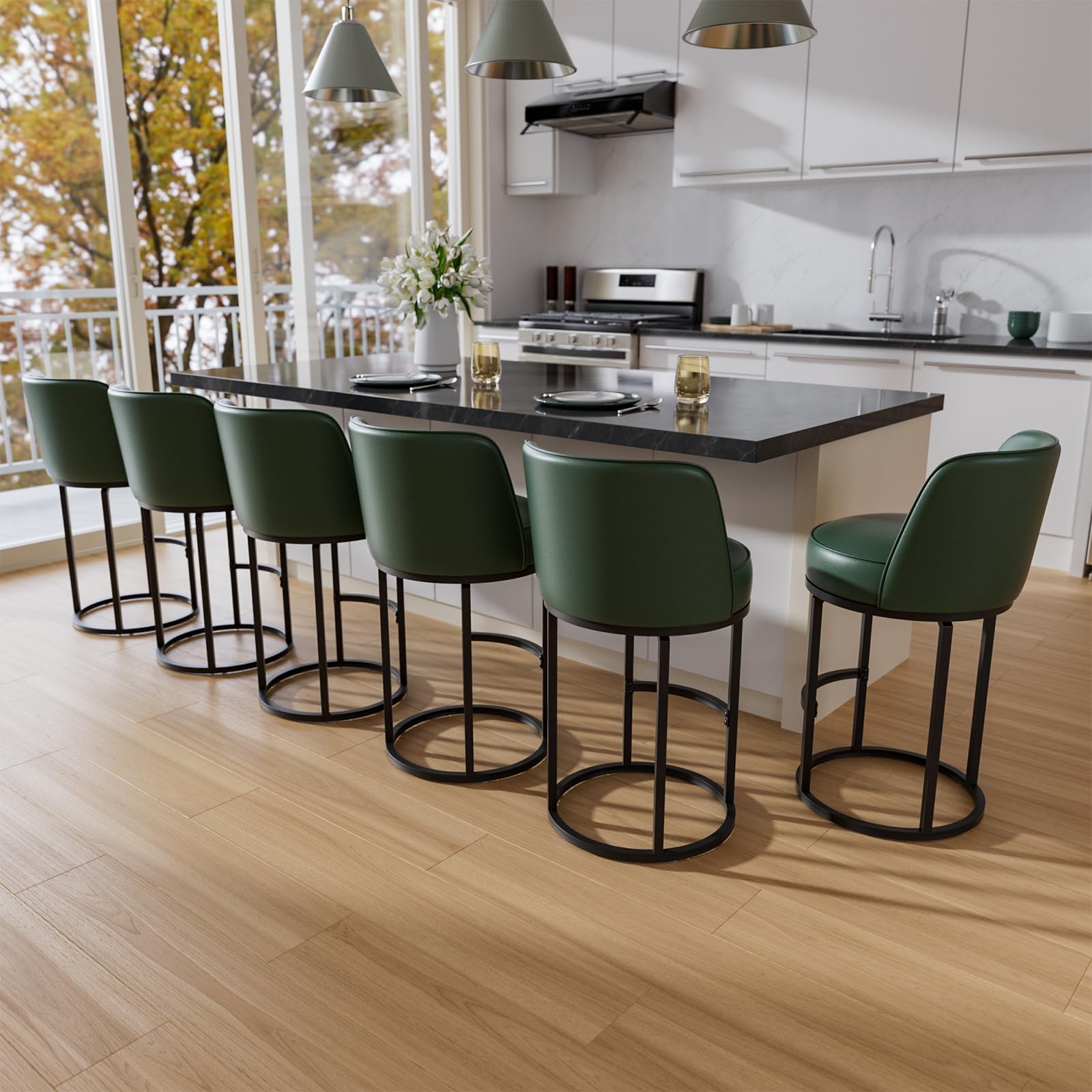 26" Green Counter Height Bar Stools Set of 6, Anti-Pinch Swivel | Round Base with Metal Frame, 4.7" Thick Seat, Easy-Clean Faux Leather, Comfy Back, Barstools for Kitchen Island, Home Bar