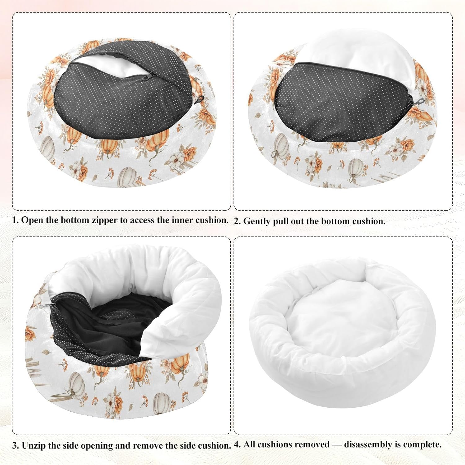 Fall Flowers White Pumpkins Pattern Dog Bed Small Medium Dog Bed Washable Donut Cat Beds Cute Pet Puppy Beds for Winter Indoor Pets Sleeping,M