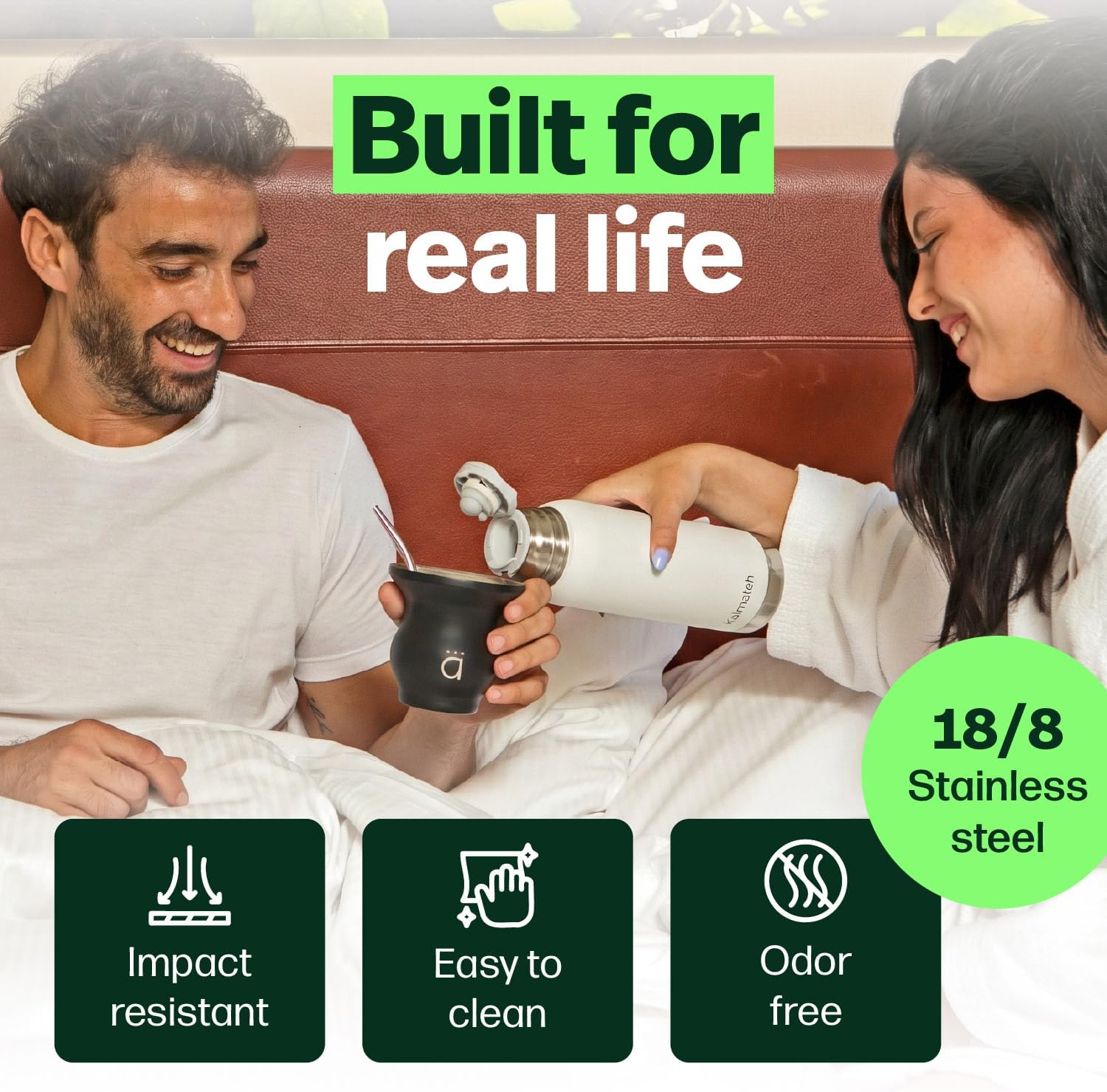 Kalmateh Stainless Steel Thermo Bottle 25oz for Hot Drinks, Precise Pouring for Coffee, Tea, Yerba Mate and Cold Beverages