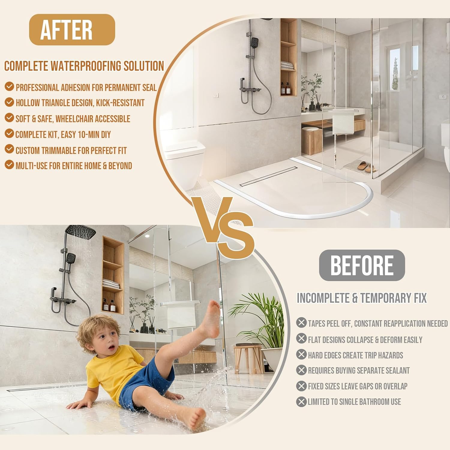 Shower Door Bottom Seal & Water Dam Barrier, Hollow Triangle Design with Adhesion Promoter - Leak Proof Waterproof Strip for Bathroom, Shower, Sink - DIY Easy Install,white,2.5 m / 98 in