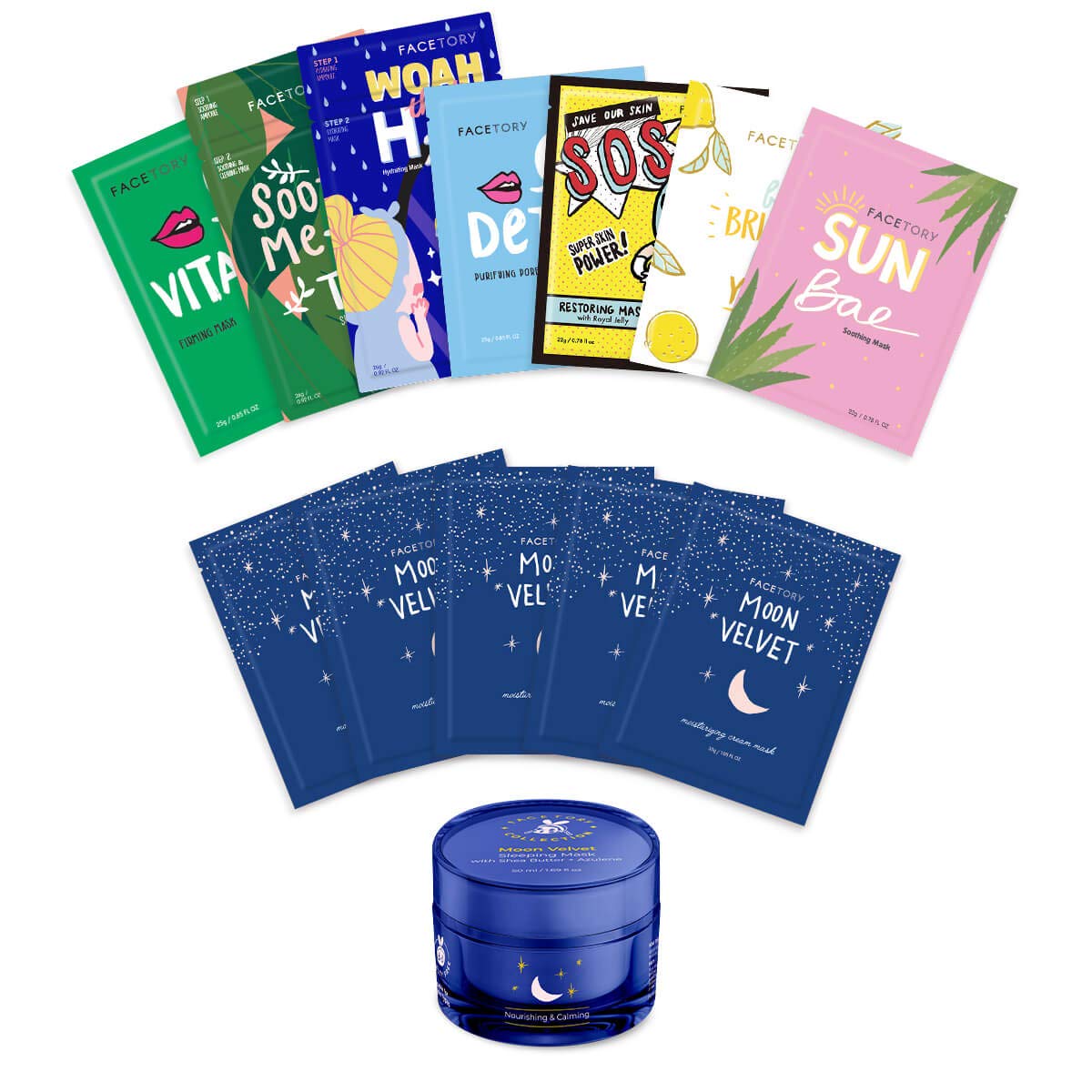 FaceTory Bundle of Best of Seven with Moon Velvet Sheet Masks (5pcs), and Moon Velvet Sleeping Mask