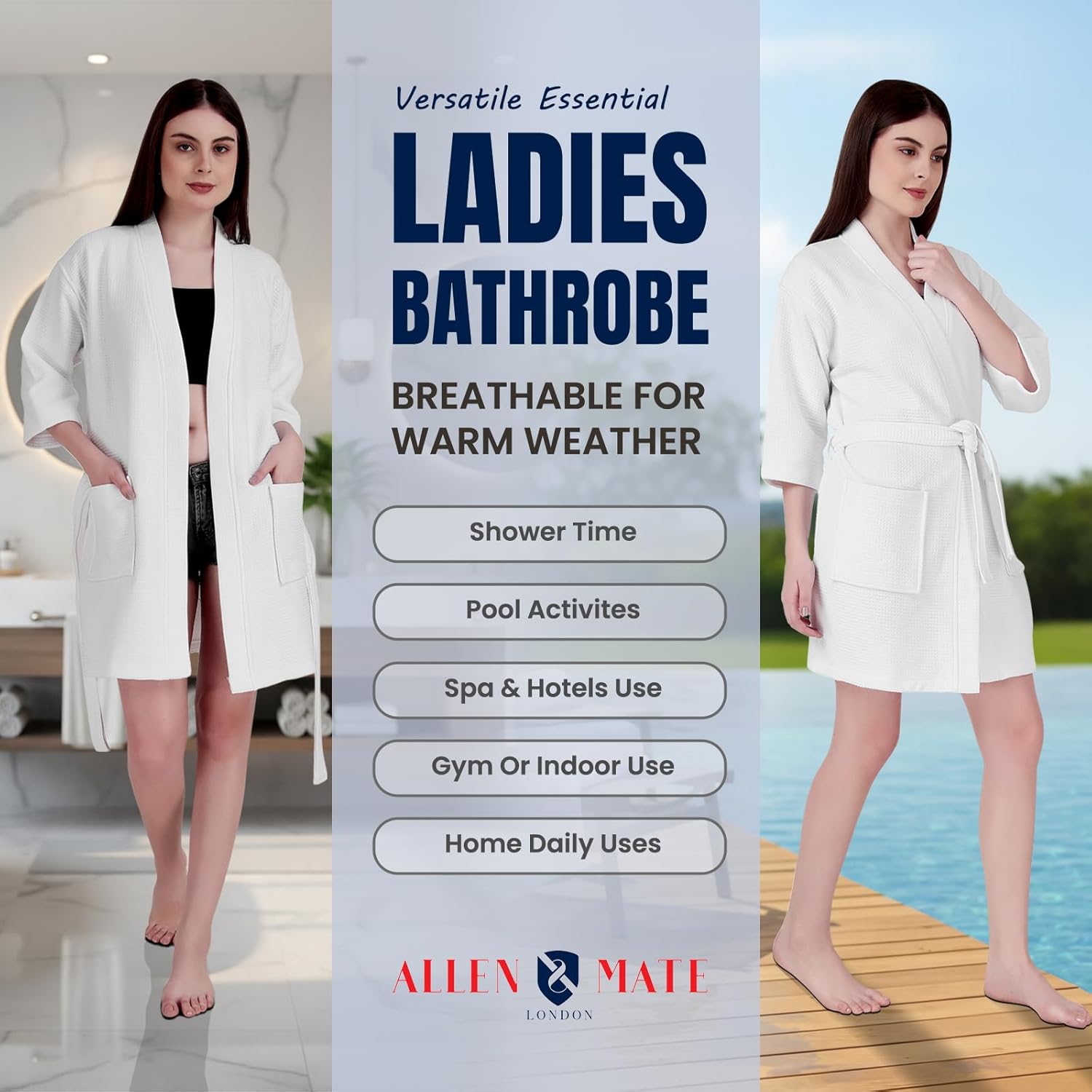 ALLEN & MATE 100% Cotton Women's Short Robe Dual Fabric Waffle Outside & Terry Towel Inside Kimono Bathrobe Medium Weight