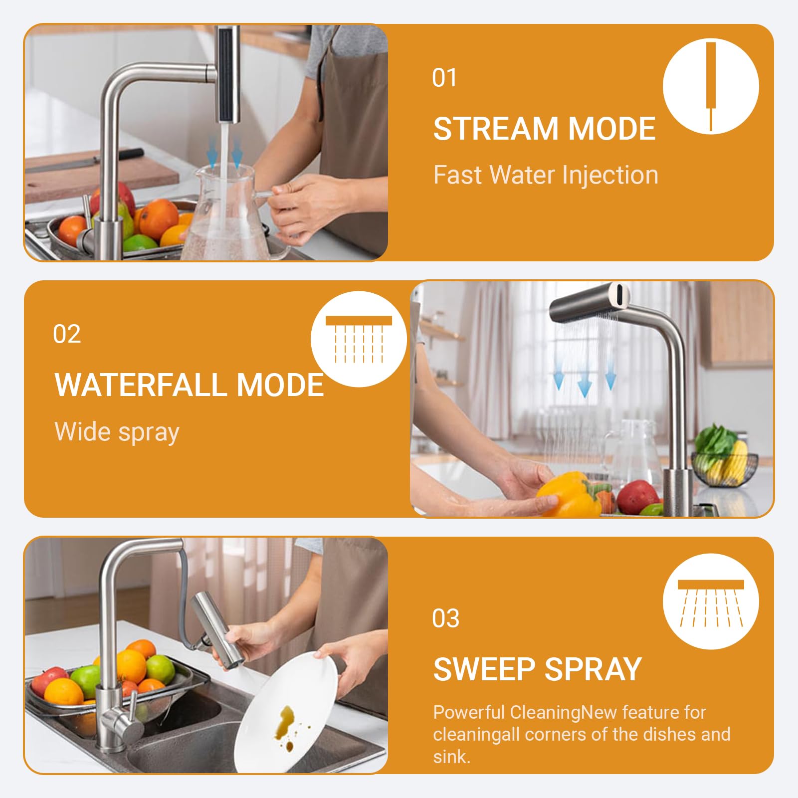 Grifo de Cocina con Cascada, Grifo Giratorio de Acero Inoxidable con 4 Modos de Chorro Boquilla ExtraíBle y Mezclador Monomando para Cocinas Moderna