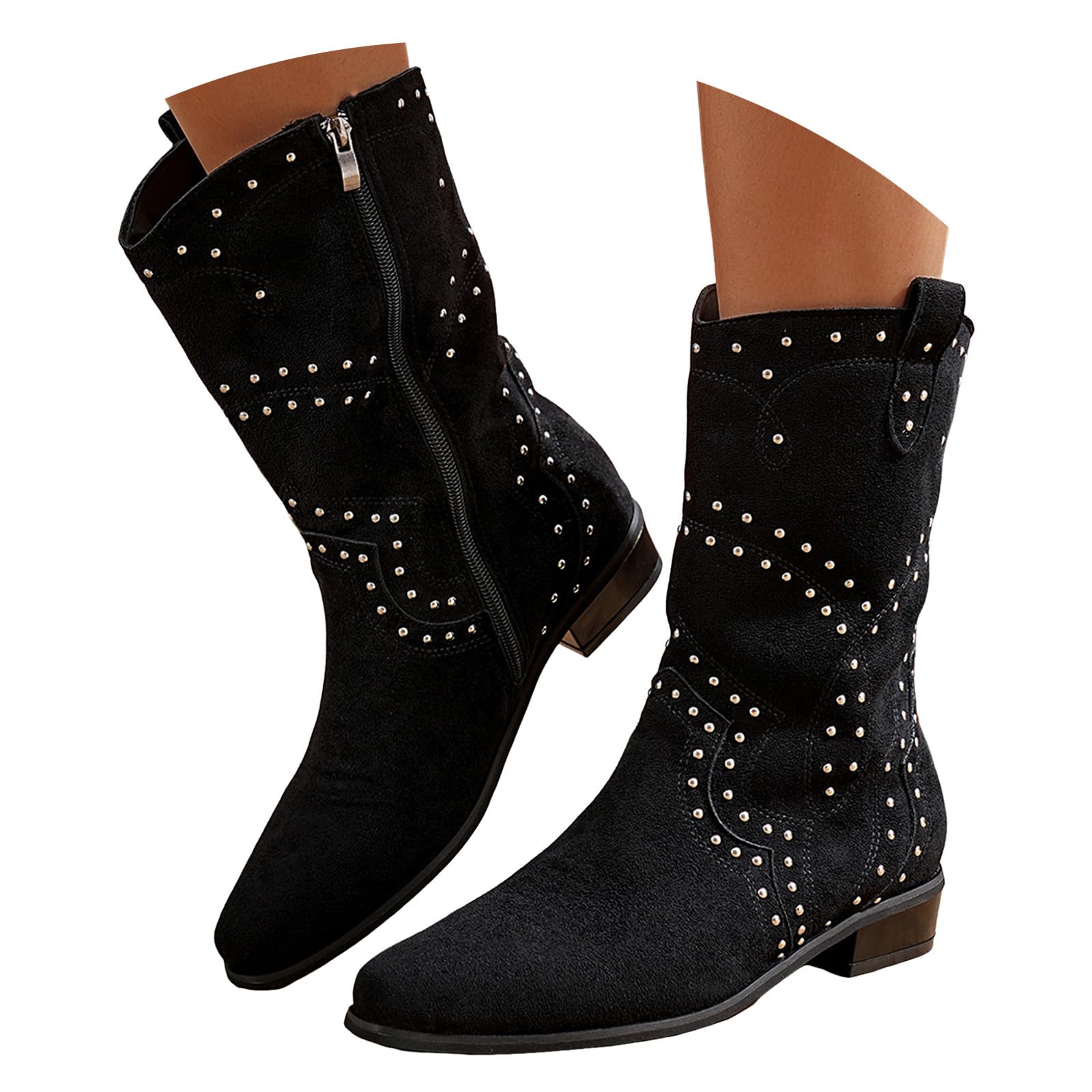 Womens Mid Calf Cowboy Cowgirl Boots Chunky Heel Pointed Toe Pull On Studded Boots for Women Fashion Side