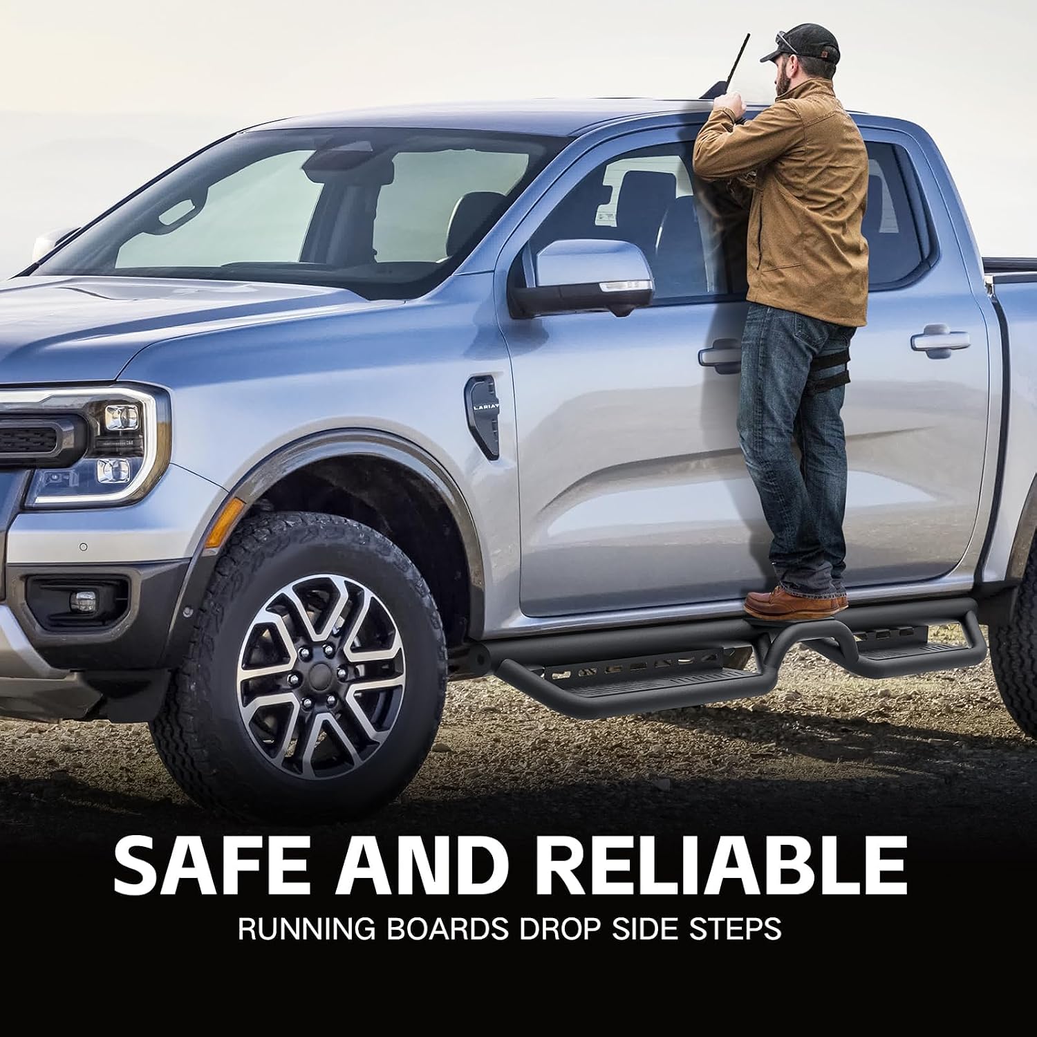 Crew Cab Running Boards Side Steps Compatible for 2019-2026 Ford Ranger Supercrew Cab (4 Full Size Doors), Two Stairs Design Bolt-on Side Rails Step Nerf Bar (Star Logo, Black Powder Coated)