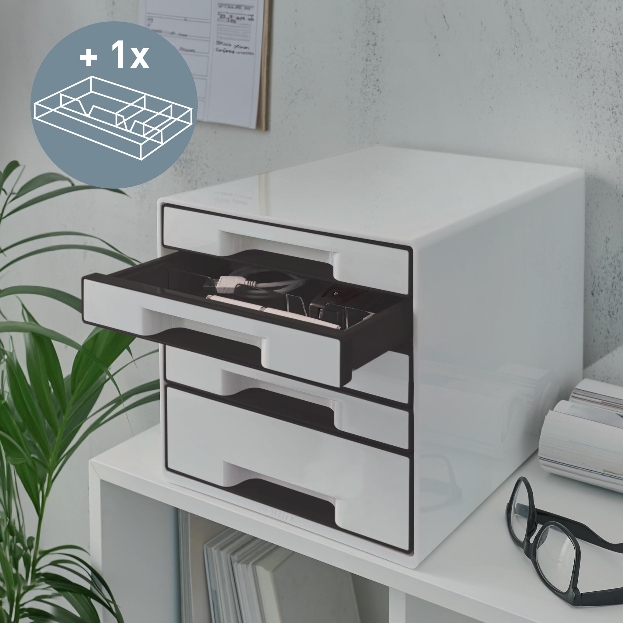 Leitz Bloc de Classement A4 avec 5 Tiroirs et Organiseur, WOW, Blanc/Noir