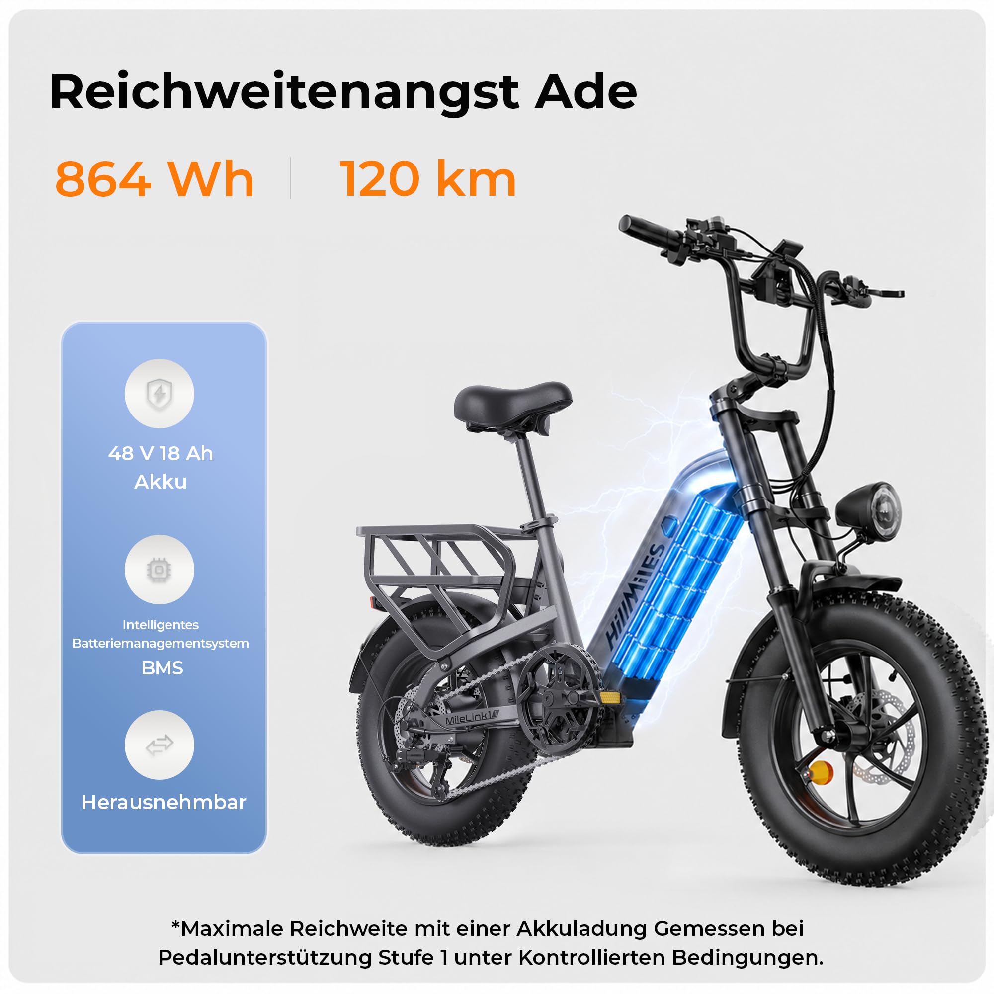 HillMiles MileLink1 E Bike, 48V 18Ah/41Ah Batterie, 120/250km Reichweite