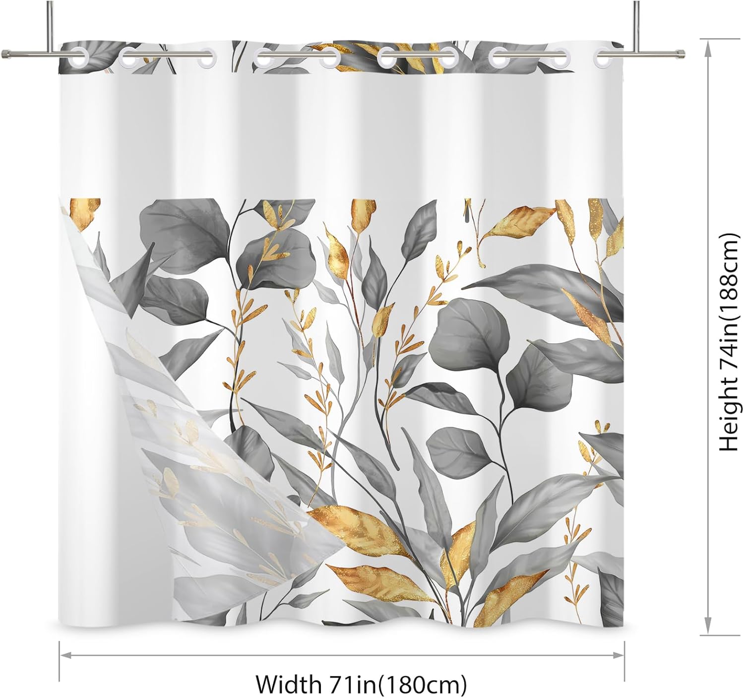 No Hook Shower Curtain,Gold Grey Leaves Double-Layered Shower Curtain with Snap-in Liner and Weights,Grey Plant Fabric Bath Curtain with See Through Mesh, 71x74in