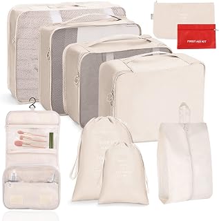 10 Pack Packing Cubes, Waterproof Travel Organizer Luggage Suitcase Organizers Bags with Hanging Toiletry Bag, Multi-Functional Clothing Sorting Packages,Shoe Bag,Electronics Bag(Beige)