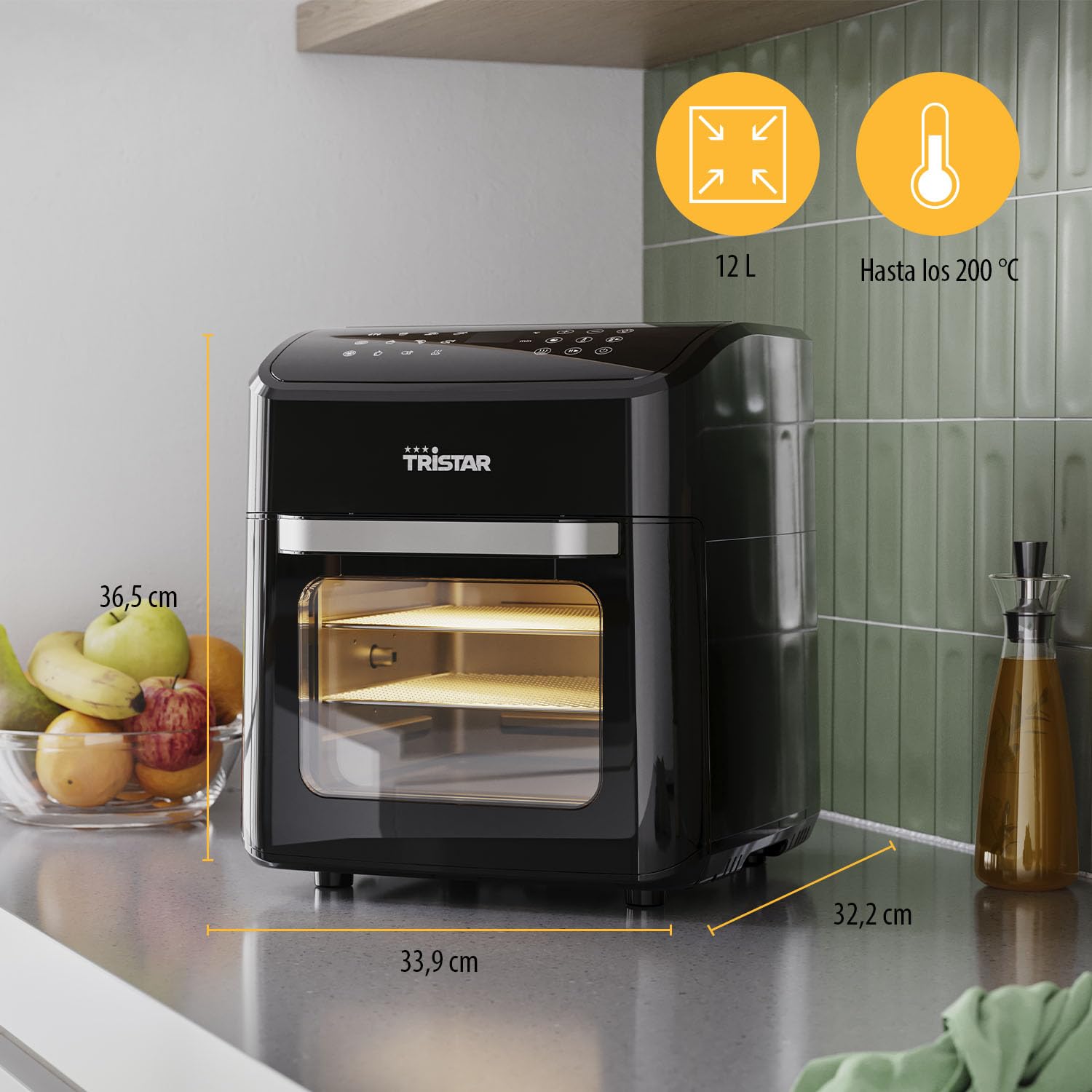 Tristar Freidora sin Aceite 12 L con Función Horno Mini, Airfryer 2 en 1 con Convección, 12 Programas, Pantalla Digital, Ventana, Función Shake, Libre de BPA, 1800 W, FR-9065