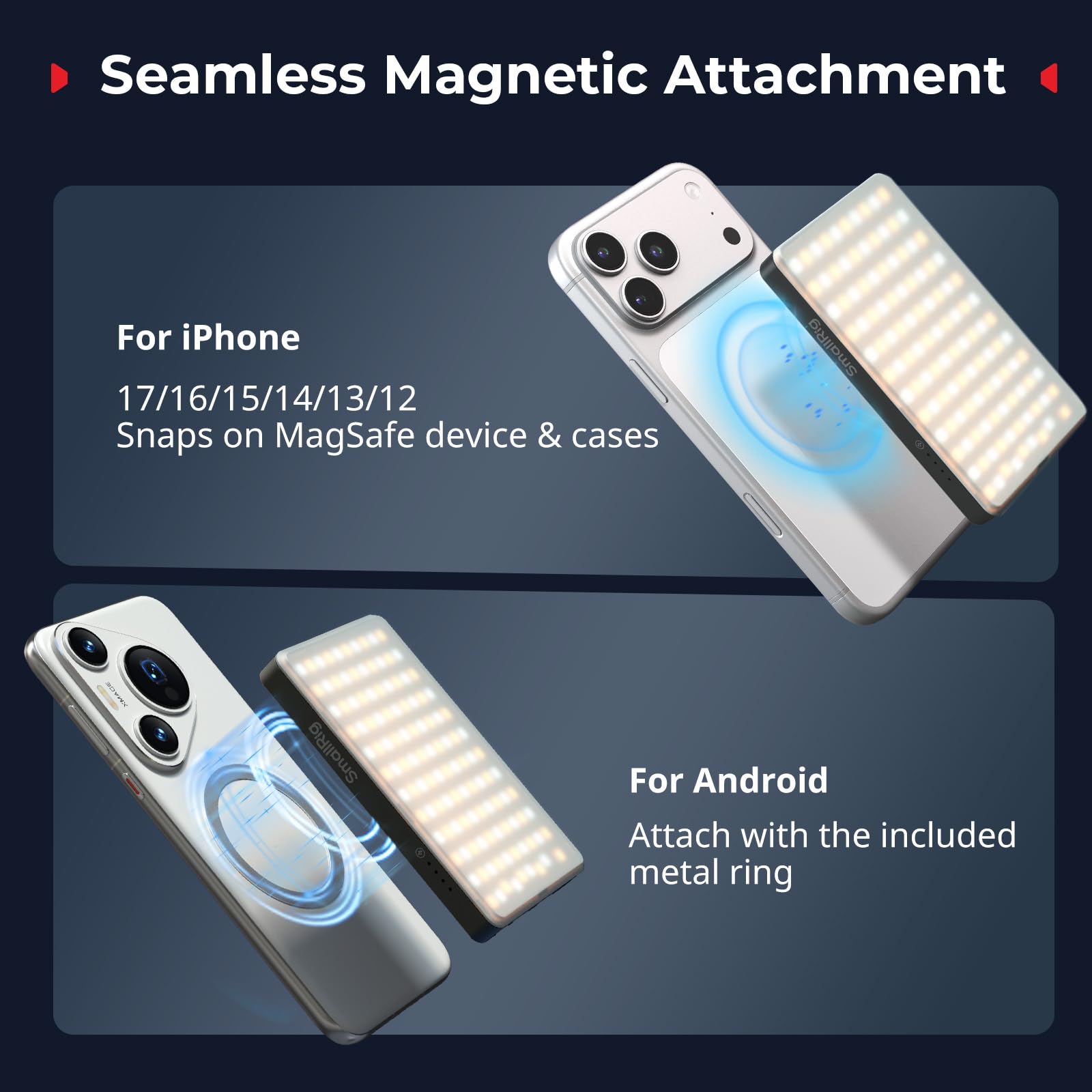 SMALLRIG M3 Luce LED Video Magnetica per Selfie con Clip, 120 LED 2000mAh Ricaricabile CRI90+, 2700K-6500K, Illuminazione di Riempimento Portatile con Clip per iPhone, iPad, Fotocamera/Laptop - 5505