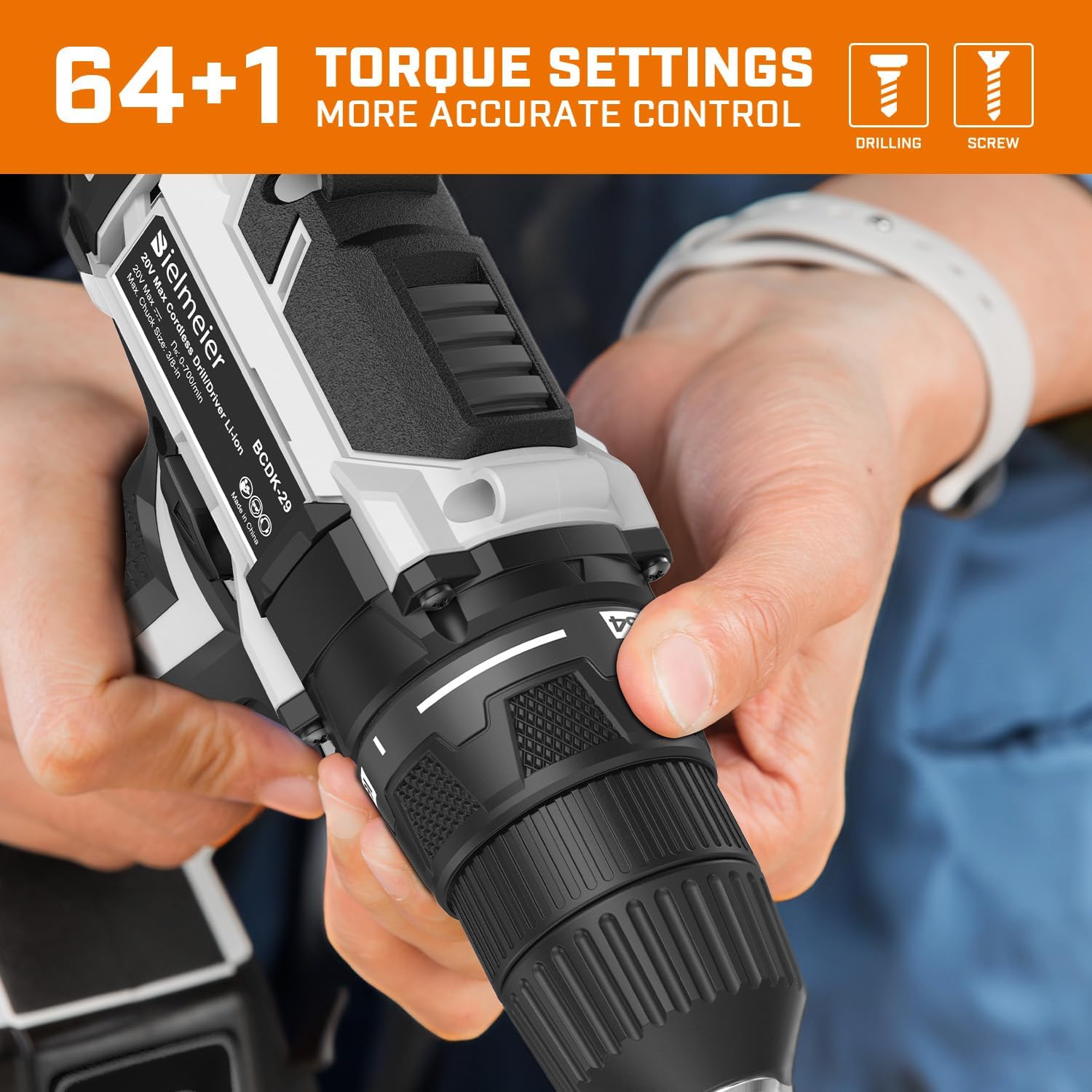 Close-up of the drill's 64+1 torque settings and 3/8 inch keyless chuck.