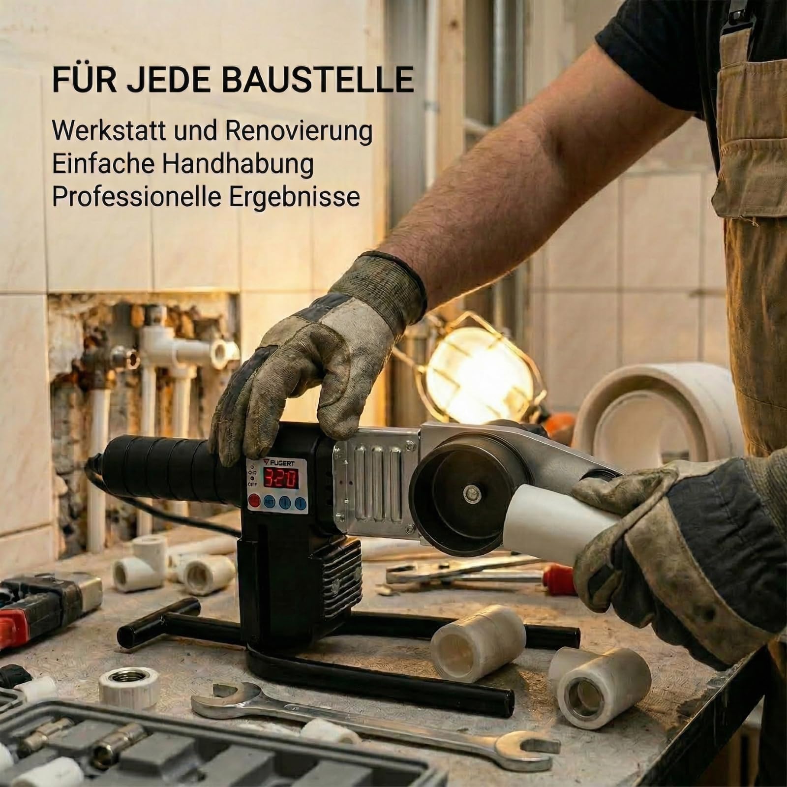 Muffenschweißgerät für PP/PVC Rohre, Profi Rohrschweißgerät mit Digitalanzeige, 2800W - Digital 0-320 °C, 7 Aufsätze Ø16-63 mm, inkl. Rohrschere & Koffer, für Heimwerker & Profis