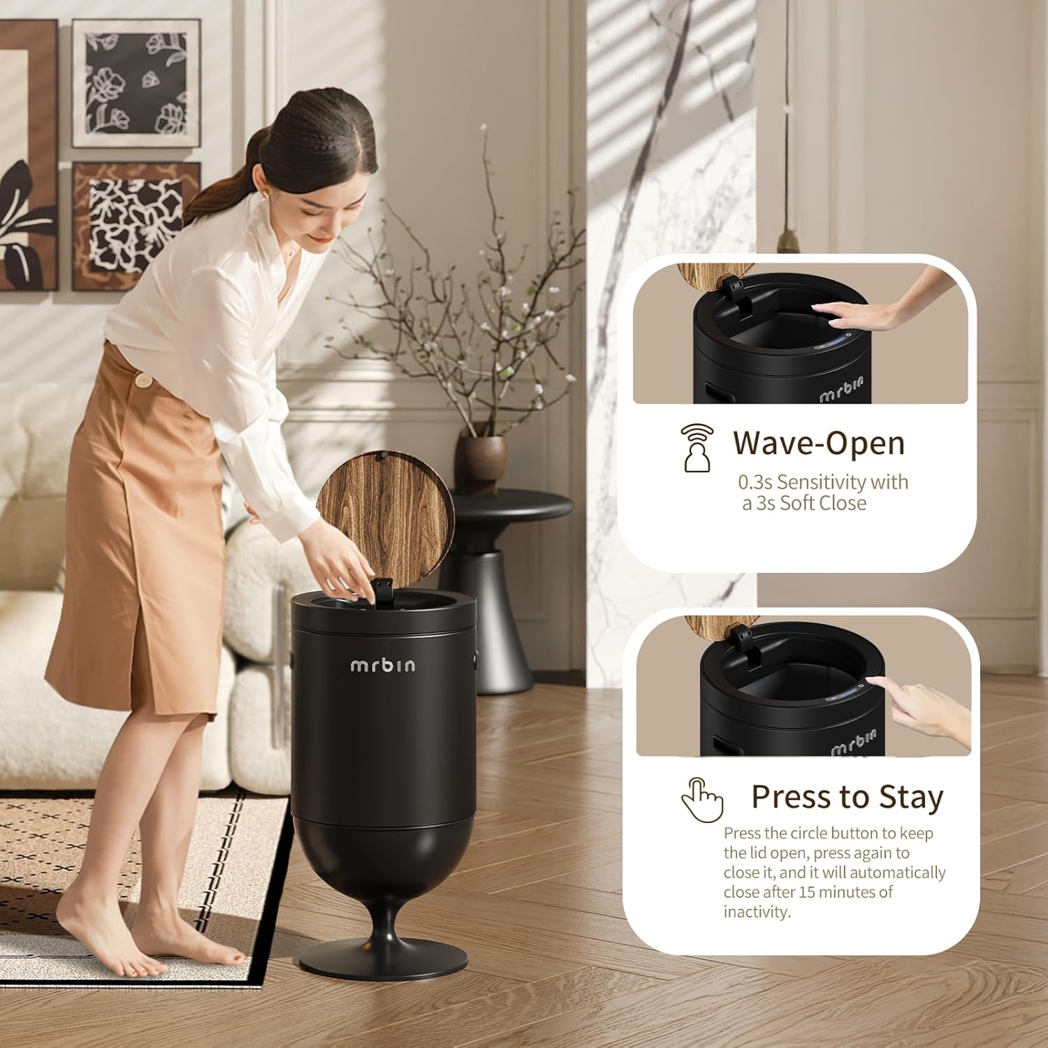 MRBIN Metal Motion Sensor Trash Can with Lid, 5.3 Gallon Wine Glass Shaped Automatic Waste Basket Touchless, Smart Round Tall Garbage with High Leg for Office, Bedroom, Kitchen, Black