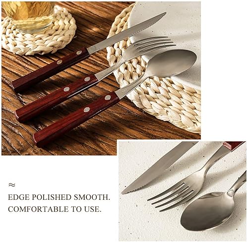 Miniatura 5 de Juego de cubiertos de acero inoxidable con mango de madera, tenedores, cucharas, cuchillos, juego de cubiertos