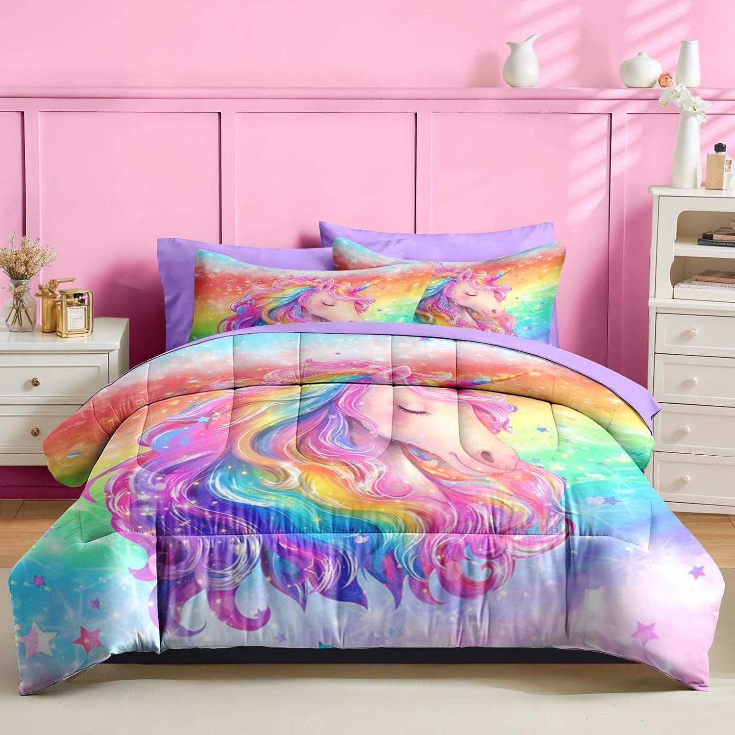 Nesker 7 Pcs Comforter Set Full Size, Rainbow Unicorn Bedding for Kids Teen with Fitted Sheet 2 Pillowcases & 2 Shams for Bedroom Bed Decor