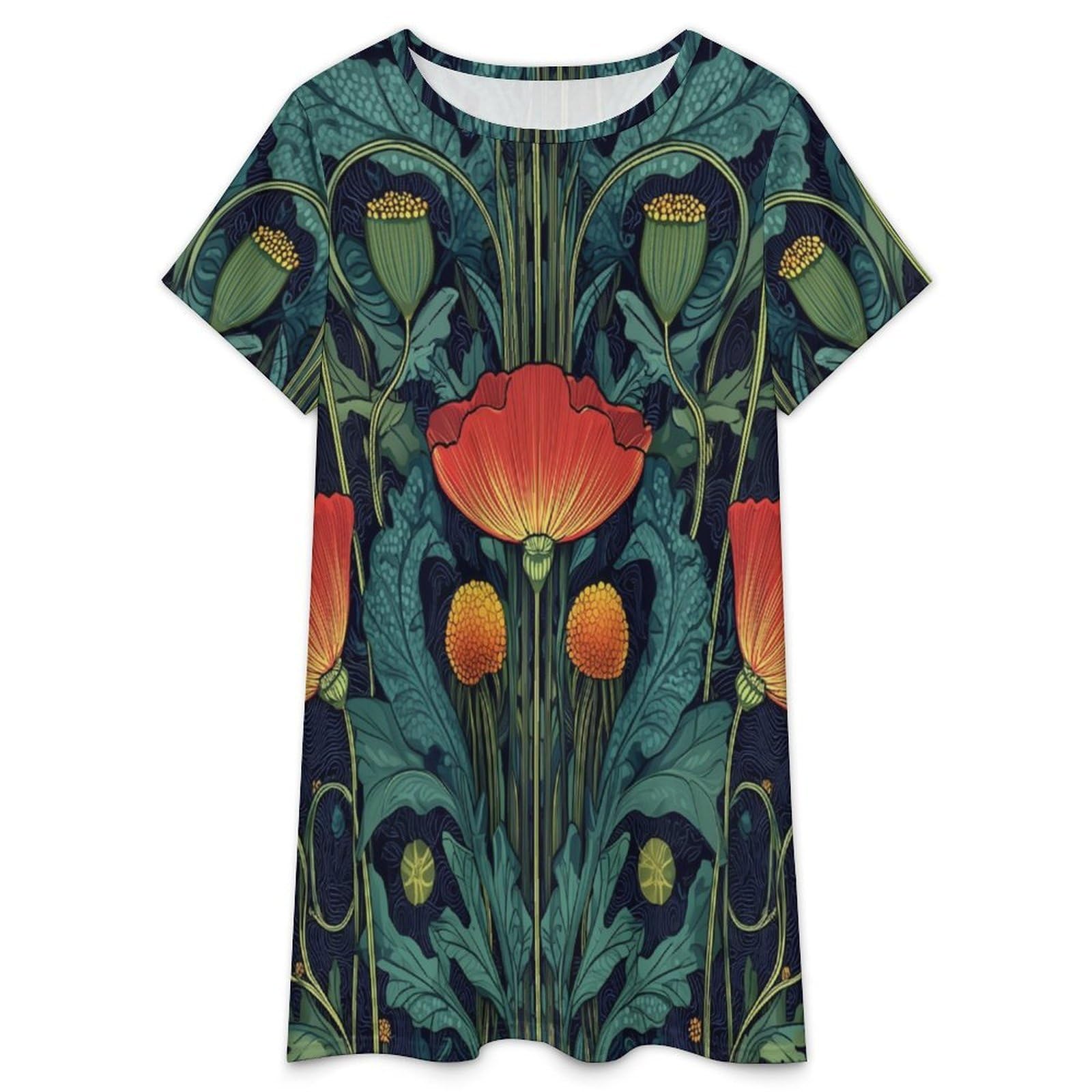 Pijamas De Verano para Mujer - Pequeñas Flores Rojas Camisón De Manga Corta para Estar En Casa Tallas S-3Xl Holgado Largo Suave para El Verano.