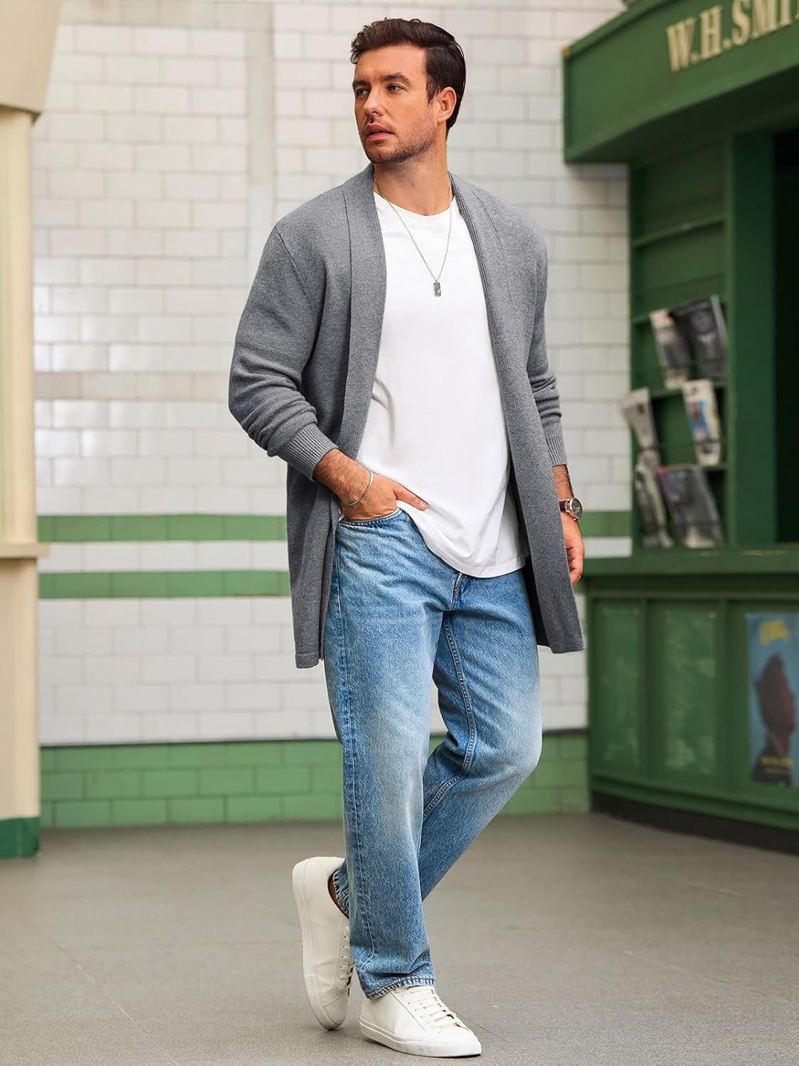 Runcati Mens Long Cardigan Sweater Casual Ruffle Shawl Collar Open Front Cardigan Knit Drape Cape Winter Sweaters - Image 5