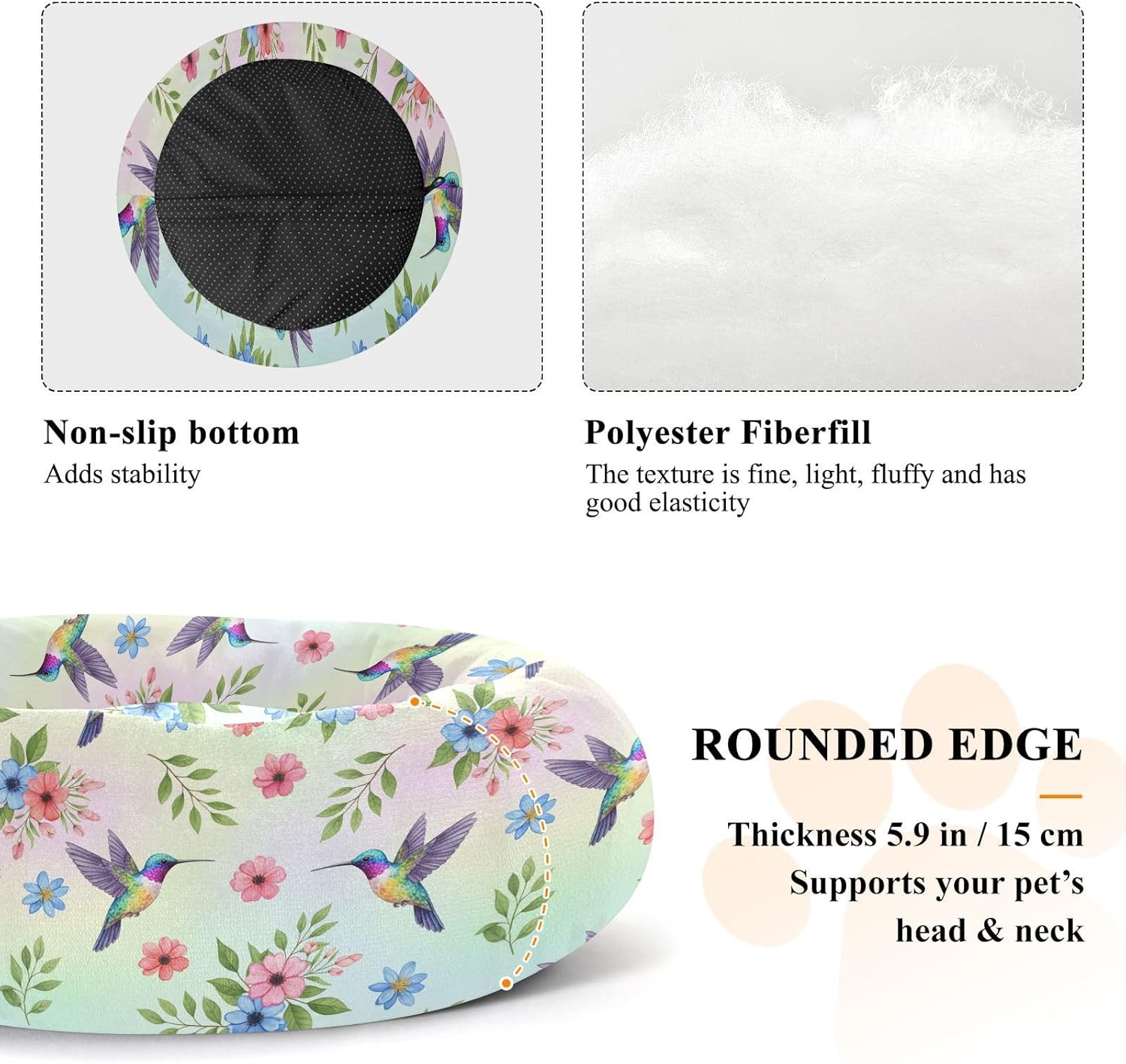 Hummingbirds Flowers Green Pattern Dog Bed Plush Small Medium Dog Cat Bed Washable Donut Pet Puppy Beds for Small Medium Dogs Cats Indoor,M