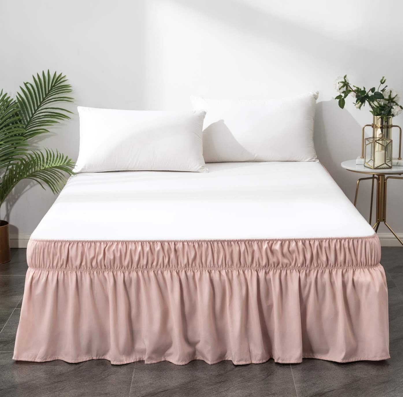 AYASW Wrap Around Bed Skirts 15 Inch Drop with Elastic No Top Cover Dust Ruffles Queen-King Size Blush Pink