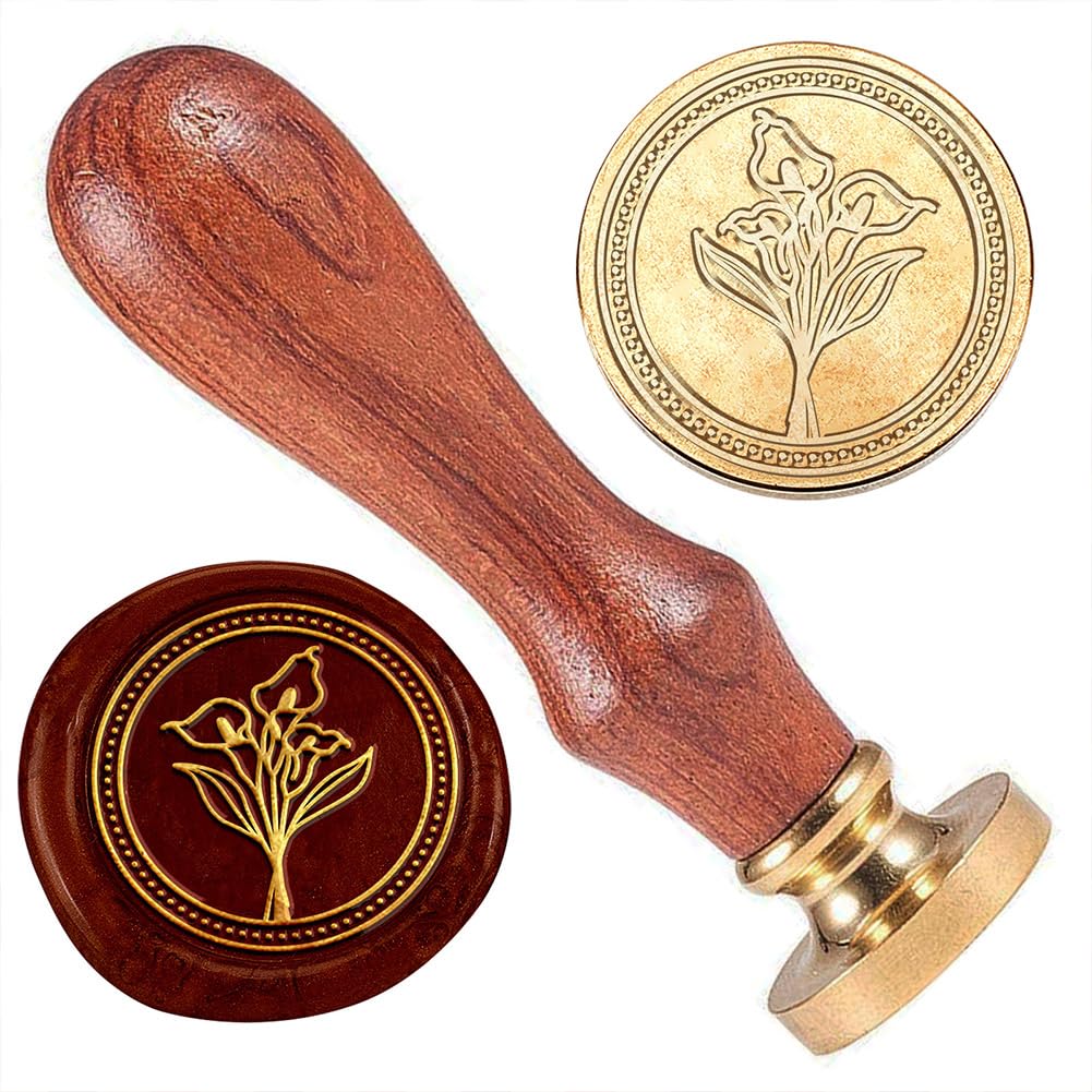 Calla Lily Wax Sealing Stamp with Wooden Handle, Brass Head, 1" Wax Seal Stamp Kit for Wedding Party Envelopes, Invitations, Cards, Decoration
