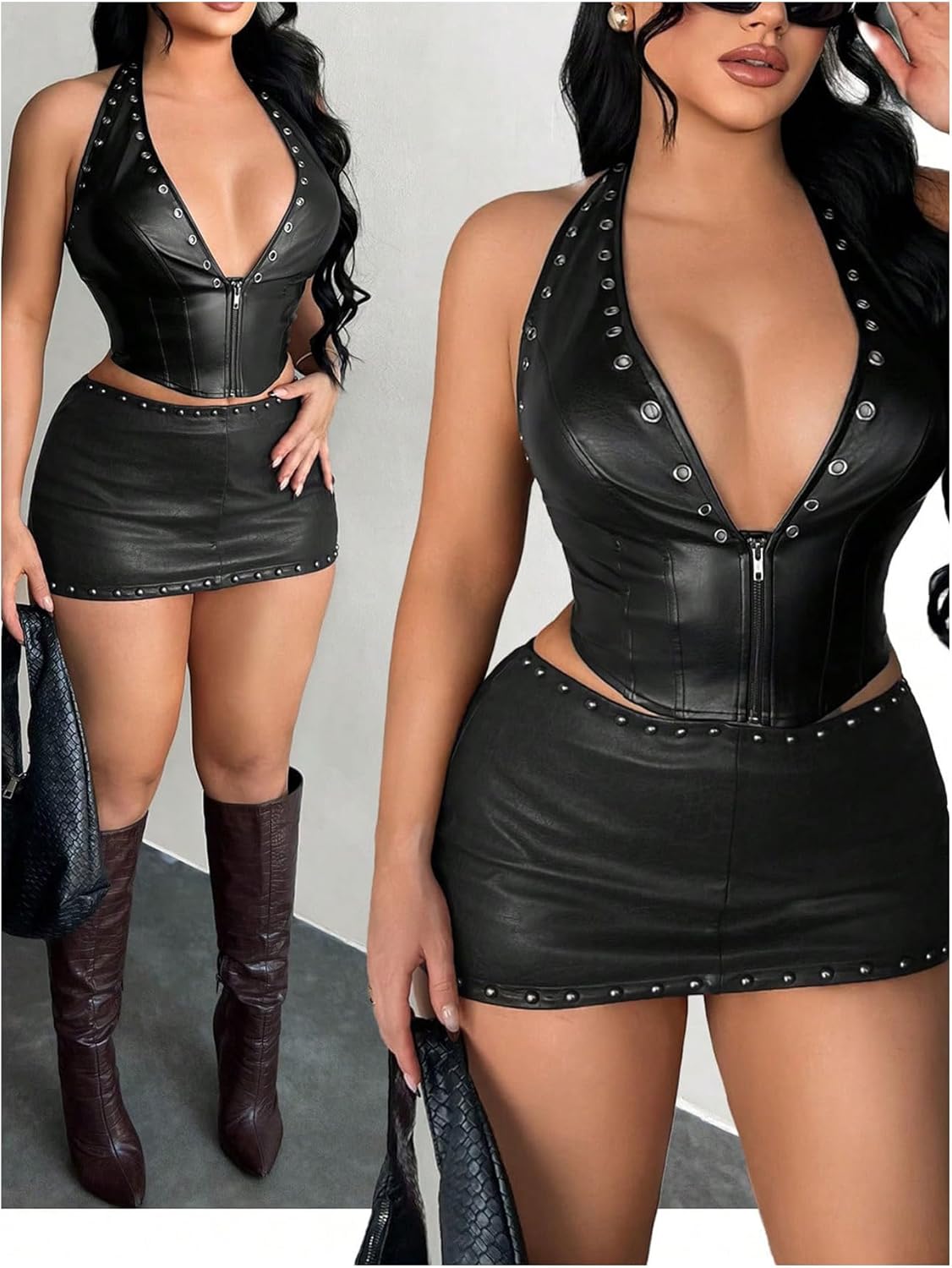 Women's Y2K Leather Corset Top Sexy Going Out Tops Halter Zip Up Open Back Bustier Corset Party Rave Clubwear - Image 5