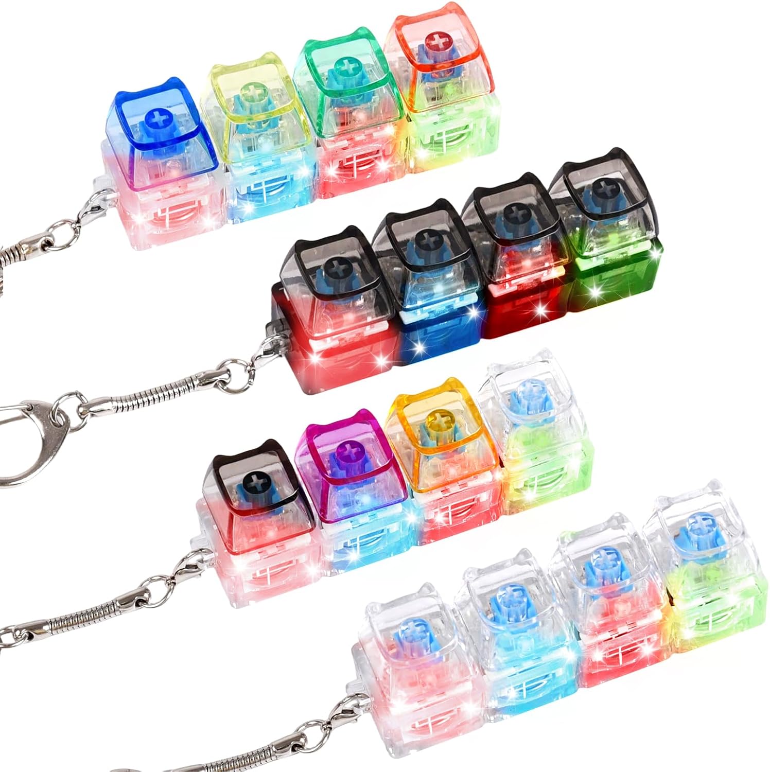 4 Pcs Keyboard Fidget Toy for Adult, Light Up Cute Cat Clicker Keyboard Fidget Keychain, 4-in-1 Button Stress Relief Clicky Fidget Keyboard for Anxiety Decompression, Colourful