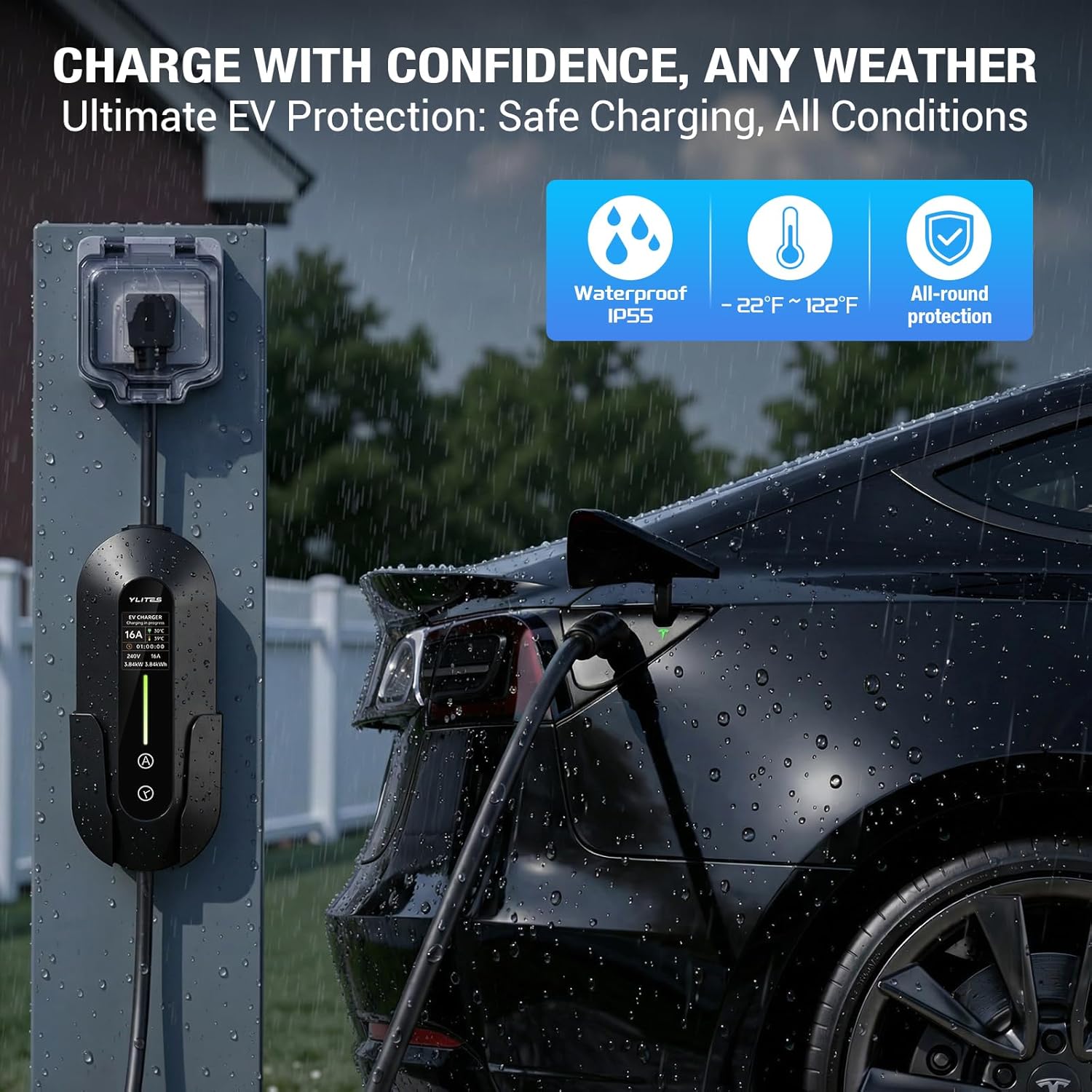 Level 1/2 for Tesla Charger, 16A Adjustable Current, Portable Electric Car EV Charger with 21 ft Charging Cable, 120V-240V, NEMA 6-20P Plug NEMA 5-15 Adapter, NACS Connector for Tesla Model Y/X/3/S