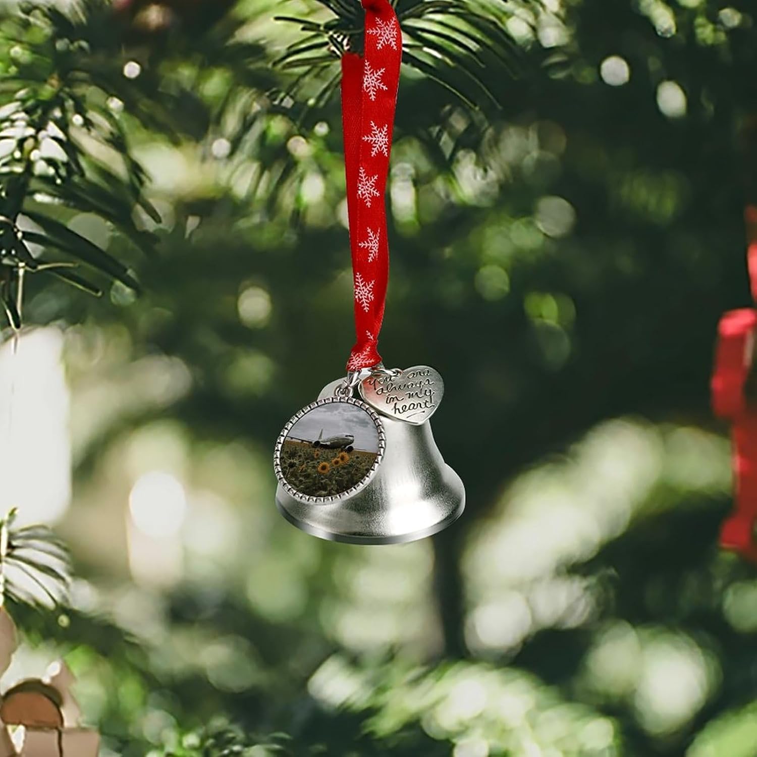 Plane Flies to Sunflower Field Christmas Bells Ornaments Tree Jingle Bells Decors Xmas Silver Bell Hanging Decoration Pendants for Weddings Parties Christmas Wreaths