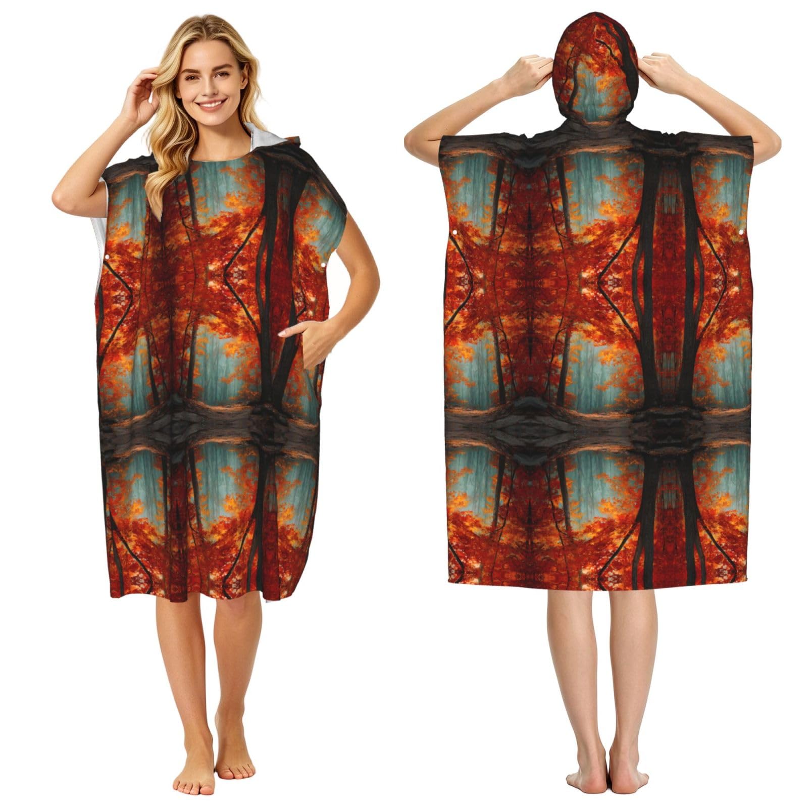 Poncho surf microfibre adulte : peignoir imprimé forêt d'automne