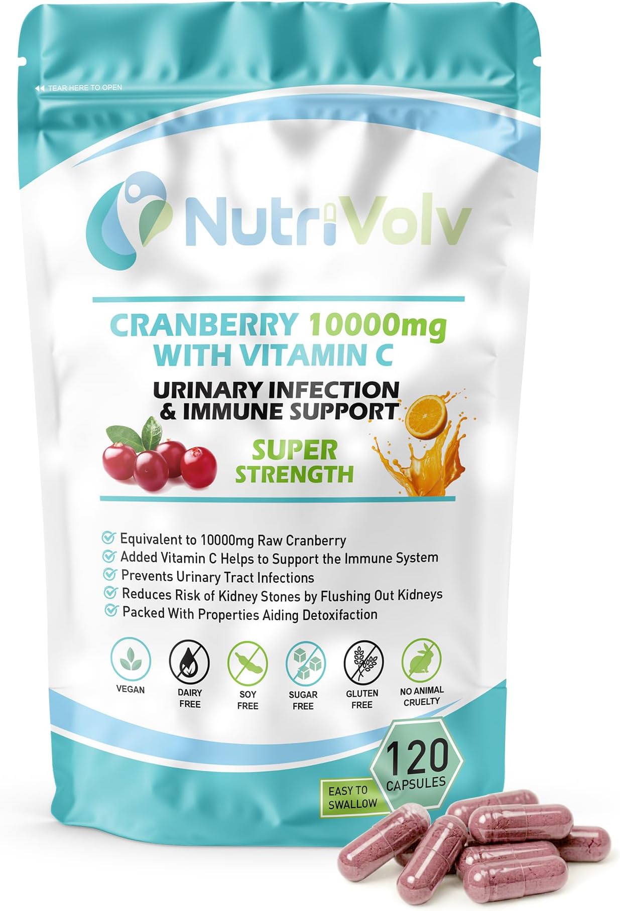 Cranberry 10000mg & Vitamin C | Supports Urinary Health, Cystitis Treatment & Bladder Health | High Strength Cranberry Extract with Vitamin C for Immune Support | 120 Capsules