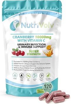 Nutrivolv Cranberry 10000mg & Vitamin C | Supports Urinary Health, Cystitis Treatment & Bladder Health | High Strength Cranberry Extract with Vitamin C for Immune Support | 120 Capsules